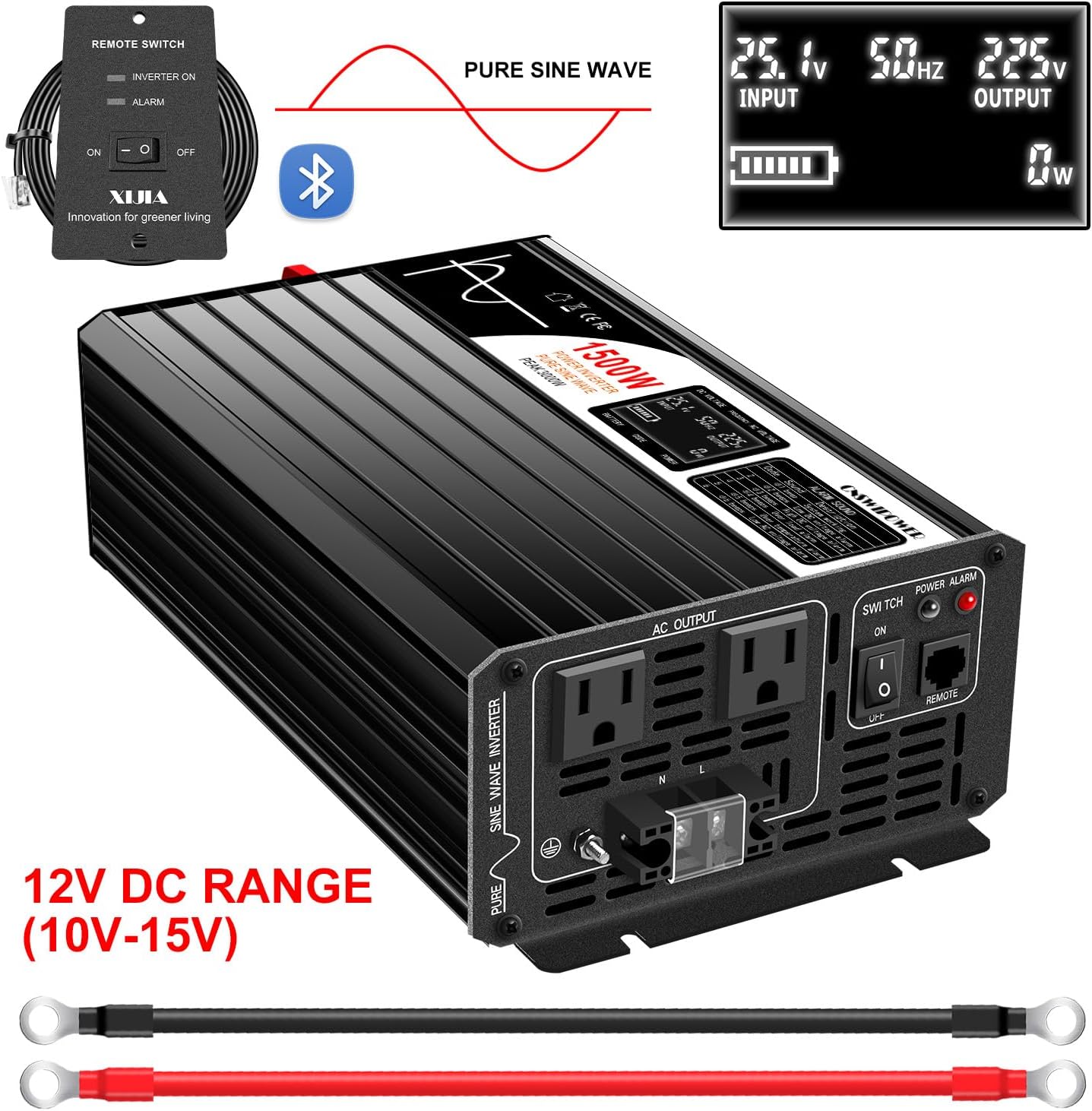 Xijia 1500W(Peak Power 3000W) Pure Sine Wave Solar Power DC 12V Inverter AC 120V 60HZ Solar Converter for Home Use car (DC12V (Range 10V-15V) 1500W)