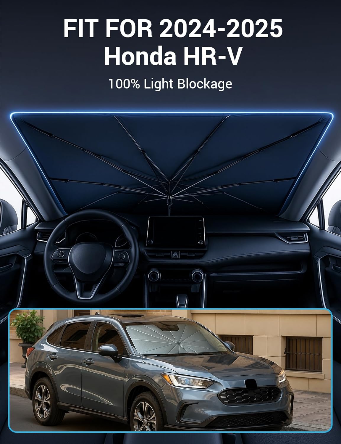 Proadsy Windshield Sun Shade Umbrella for Honda HRV HR-V 2024-2025 Foldable Car Umbrella Sunshade with Soft TPU Handle Spring Structure Crystal Cooling Material Protect Car from Rays & Heat