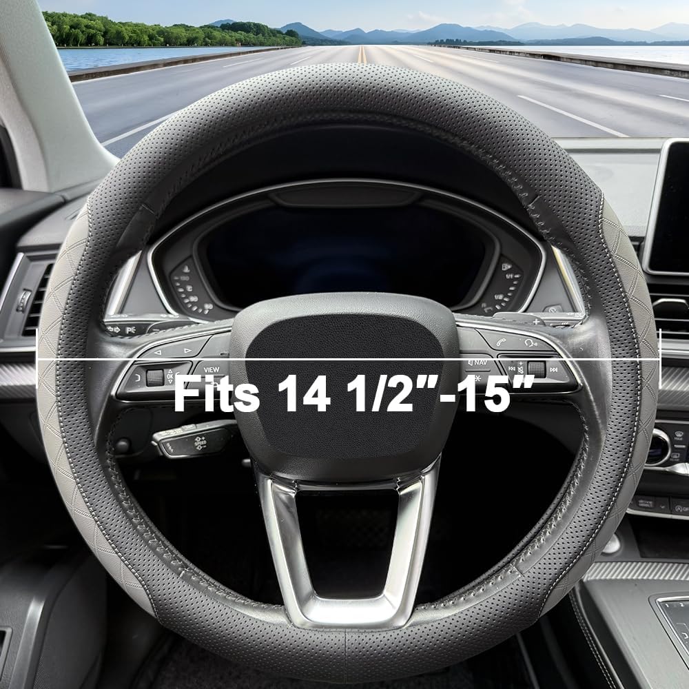 LKWLIKEI Nappa Leather Steering Wheel Cover,Elegant Diamond Checkered Design, Non-Slip wear-Resistant, Enhance Driving Comfort, Suitable for Steering Wheel Diameter 14 1/2‘-15’ Models.Black Gray