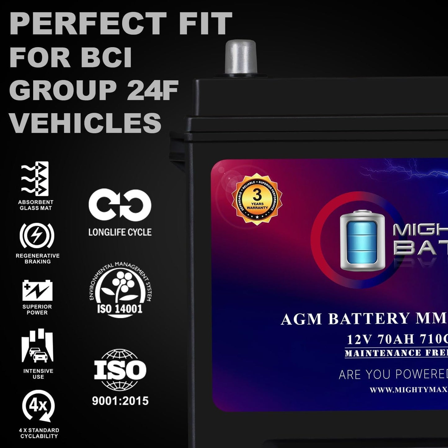 Mighty Max Battery MM-G24F Start and Stop Car BCI Group Size 24F 12V 70Ah, 120RC, 710 CCA Rechargeable AGM Car battery