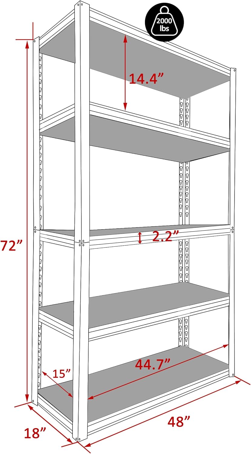 MUPATER 72" H x 48" W x 18" D Metal Storage Shelves, 5 Tier Shelves and Adjustable Shelves, Garage Shelving Unit, Standing Utility Shelf Racks for Garage Warehouse Kitchen