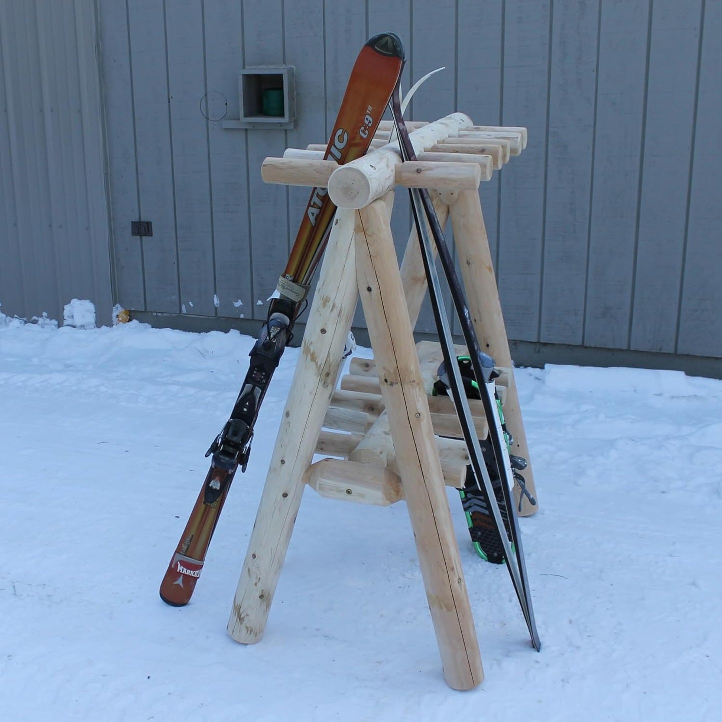 13-Place Freestanding Log Ski Rack Holder, Indoor & Outdoor Snowboard Racks, Standing Storage, Garage Racks for Snow Skis & Poles, Snowboard Rack Garage Storage Organizer - Natural + 15" Anchor Kit