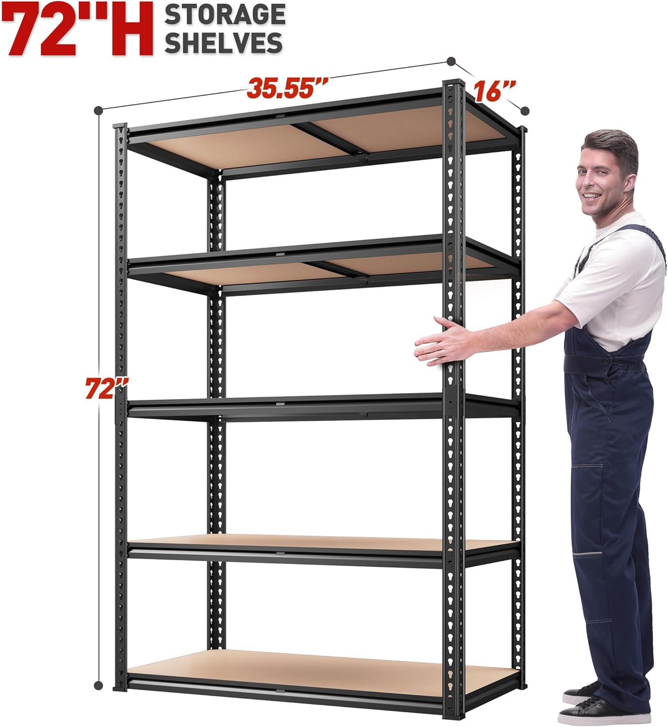REIBII 2020LBS Storage Shelves 5 Tier Garage Shelving Heavy Duty, Adjustable Metal Shelving Unit, Garage Shelves for Basement, Warehouse, Pantry, 72" H x 35.55" W x 16" D, Black