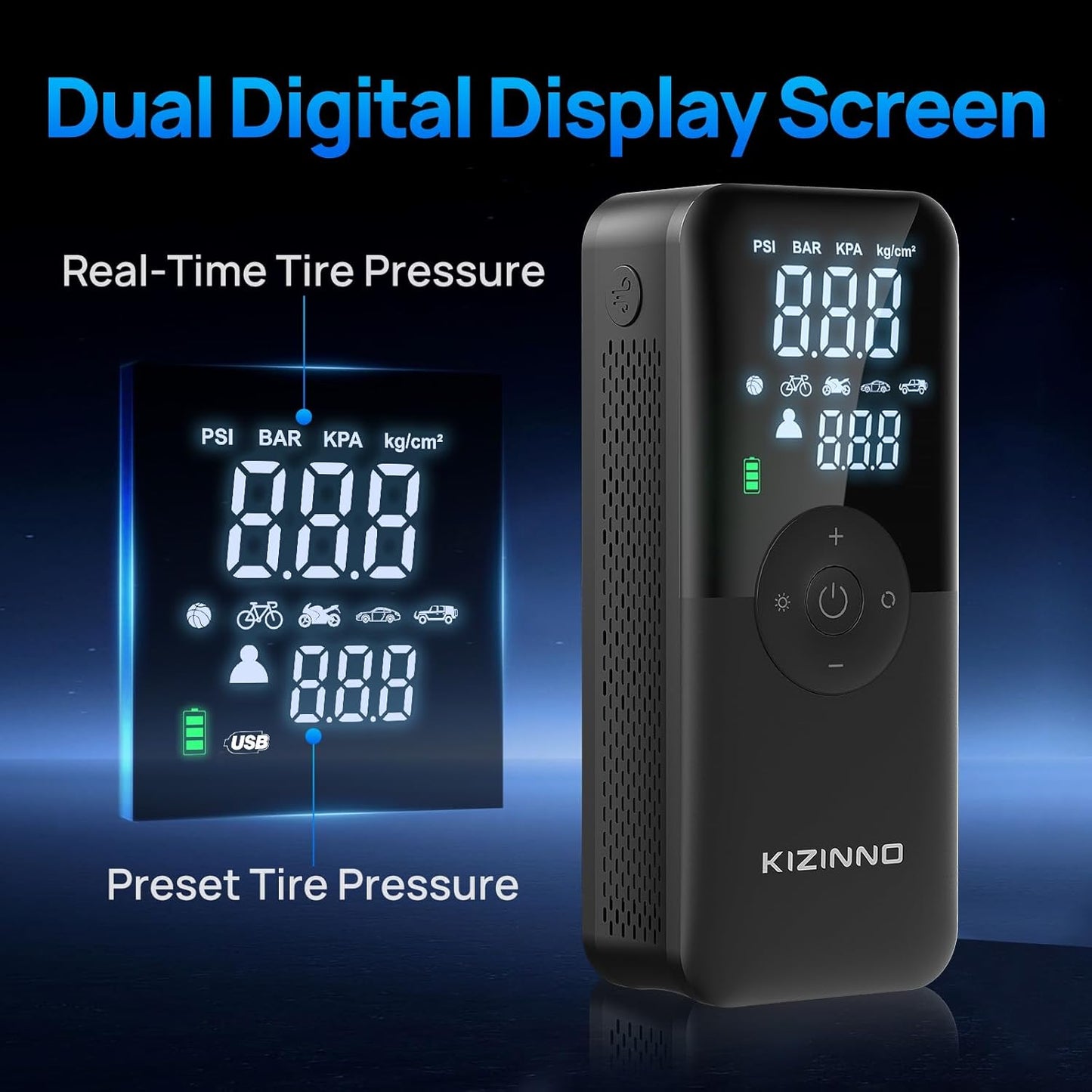 Electric Bike Pump Portable for Bicycle Tires, Compact Motor Air Pump - Fast Inflator 150PSI Smart Air Pump with Digital Pressure Gauge for Bike, E-Bike, Motorcycle with Presta and Schrader Valve