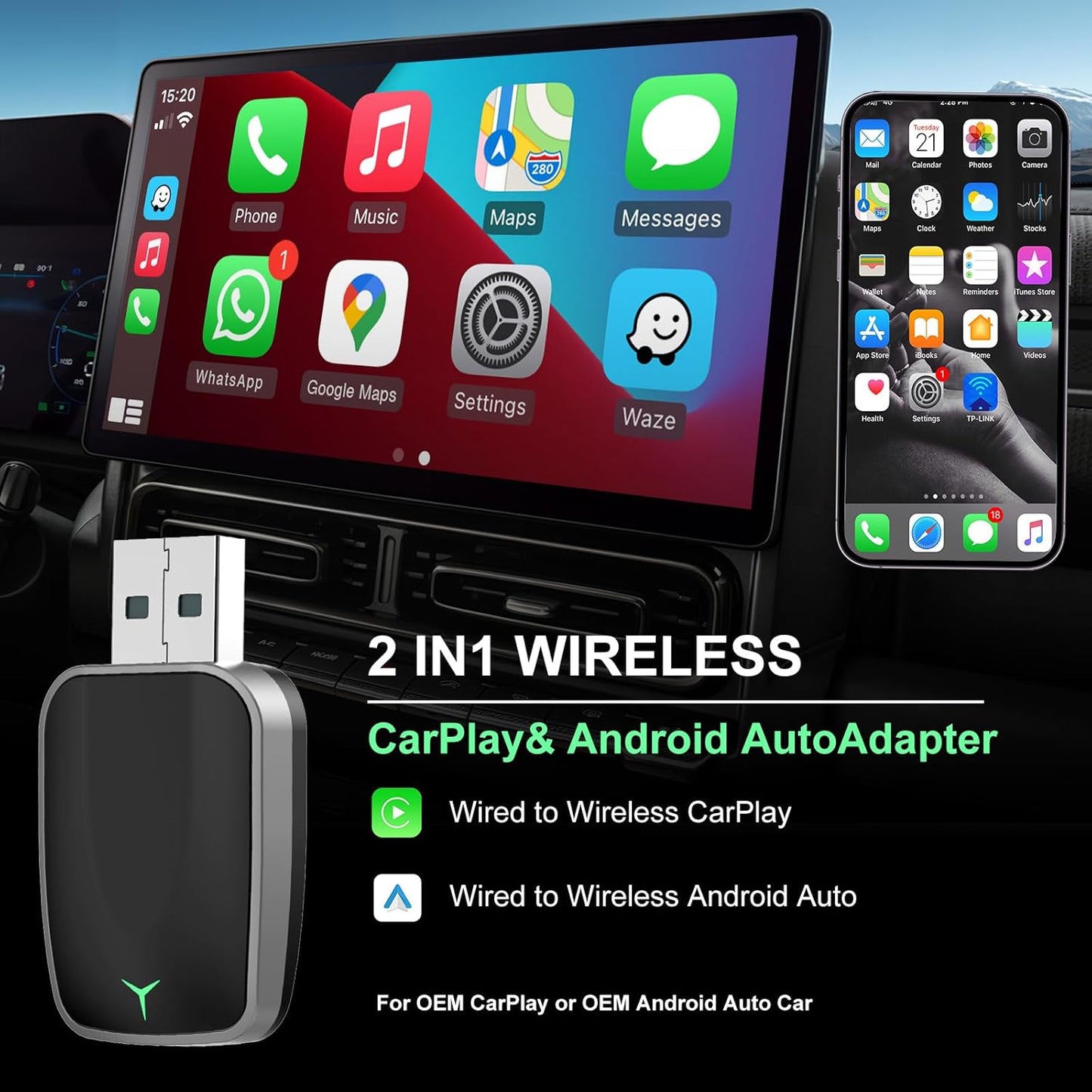 Mini Wireless CarPlay & Android Auto Adapter – Plug & Play Dongle, Convert Wired to Wireless, USB-A/C, Compatible with 2016+ Cars & iPhone iOS 10+/Android Devices