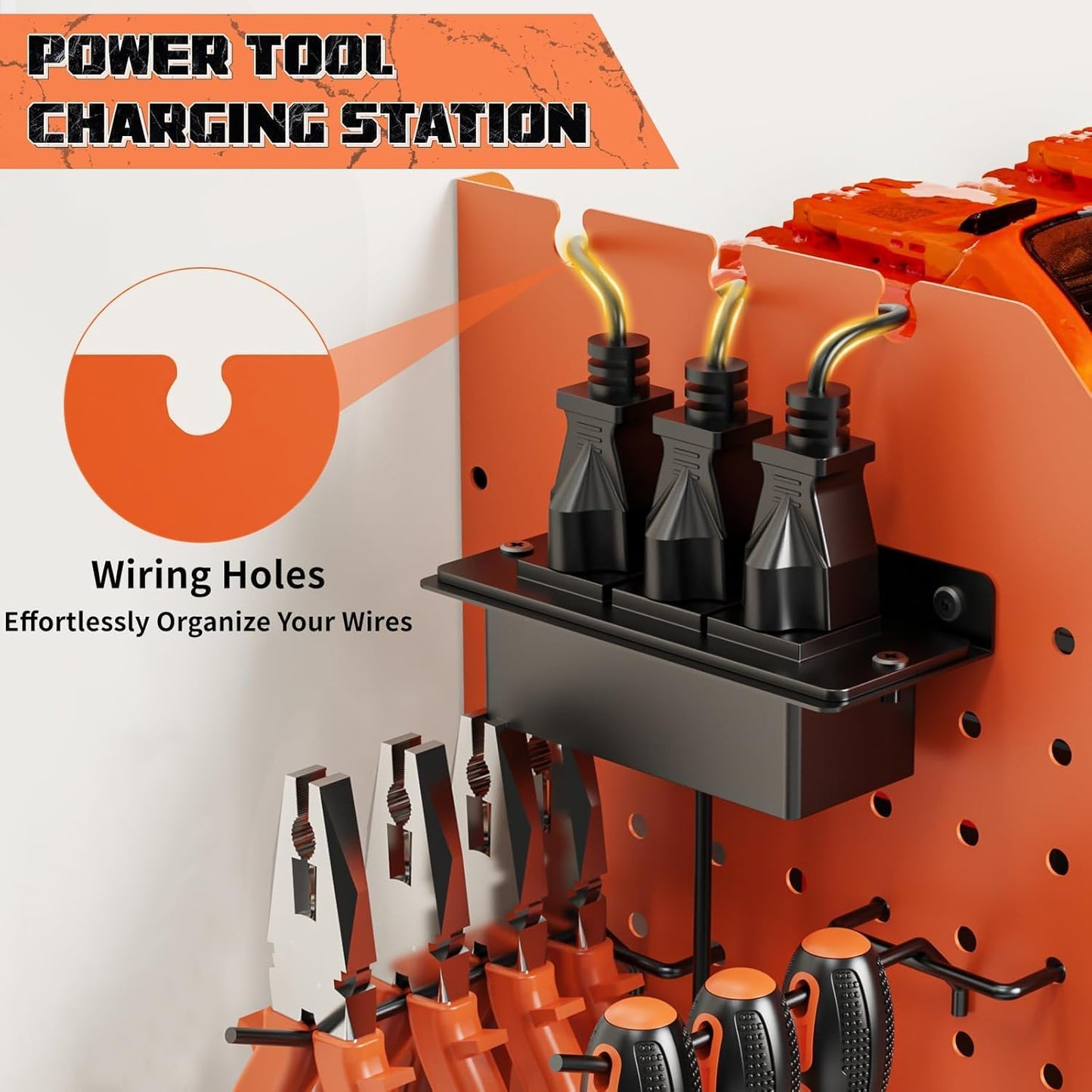 Power Tool Organizer with Charging Station Wall Mount, 3 Layer Expanded Heavy Duty Garage Organization, 45.5 Inch Length Garage Tool Storage, 8 Drills, 2 Assemble Method, Orange