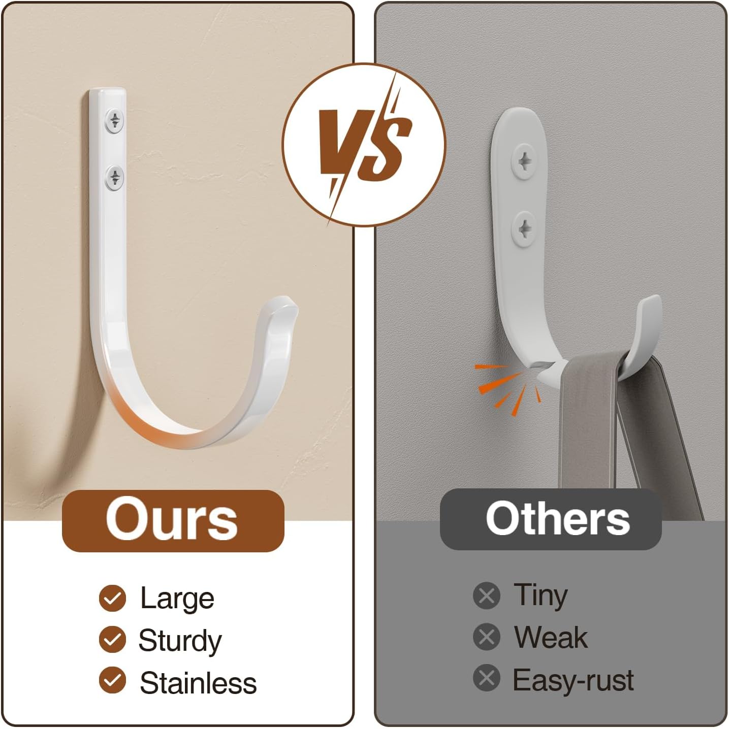 10-Pack Wall Hooks for Towel/Coat - 22LB Heavy Duty Metal Hanger Wall Mount, for Outdoor, Closet, Door, Shelf, Bathroom, for Backpack, Cup, Clothes, Mug, White Matte Screws Included