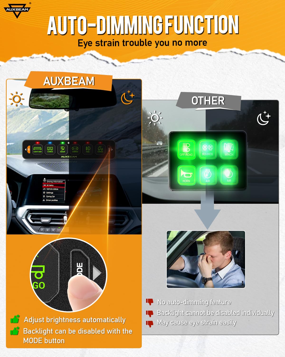 Auxbeam 6 Gang Slim Switch Panel RGB AS-R60 Toggle Momentary Pulsed Dimmable Backlight Multifunction Switch Panel with Memory Function for 12-24V Truck Offroad Car Marine Waterproof