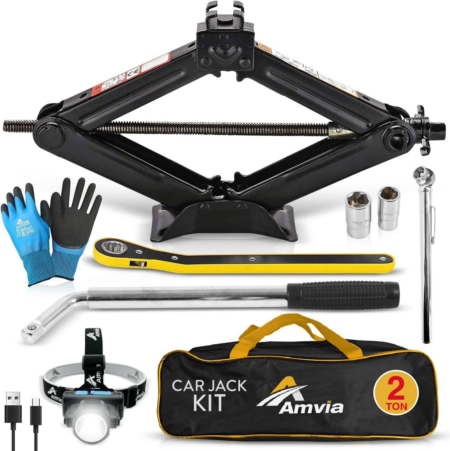 Car Jack Kit | Scissor Jack for Car 2 Ton (4,400 lbs) - Tire Jack Tool Kit | Portable, Ideal for SUV and Auto - Universal Kit with Lug Wrench | Heavy Duty Material