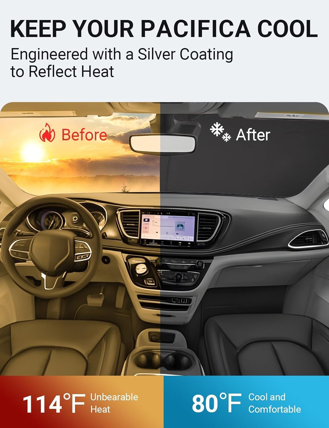 Proadsy 2025 Upgrade Windshield Sunshade Custom Fit 2017-2024 2025 Chrysler Pacifica Minivan Reflective Heat Sun UV Protector Foldable Front Window Shade Accessories