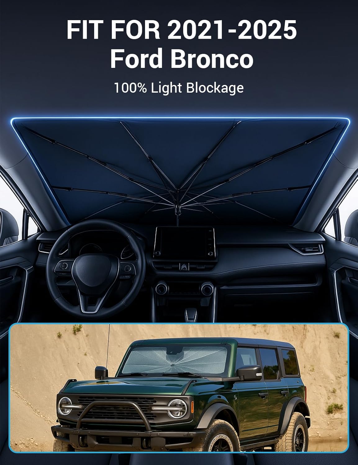 Proadsy Windshield Sun Shade Umbrella for Ford Bronco 2021-2025 2026 Foldable Car Umbrella Sunshade with Soft TPU Handle Spring Structure Crystal Cooling Material Protect Car from Rays & Heat