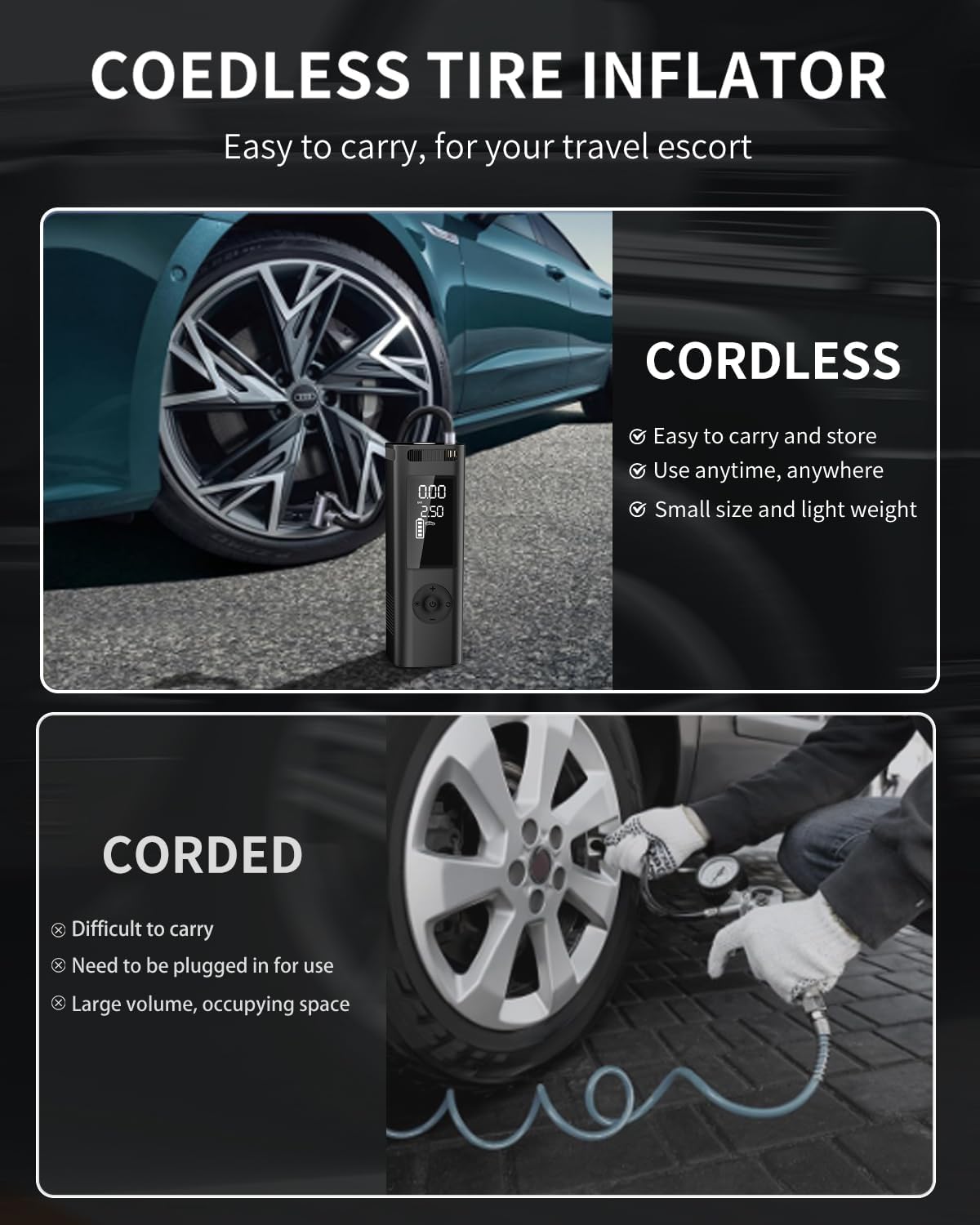 Tire Inflator Portable Air Compressor - 150PSI 4x Faster Portable Tire Inflator for Car - Air Pump For Car Tires with Digital Pressure - Auto Shut-off Smart Air Pump Suitable SUV, Bike Moto and More