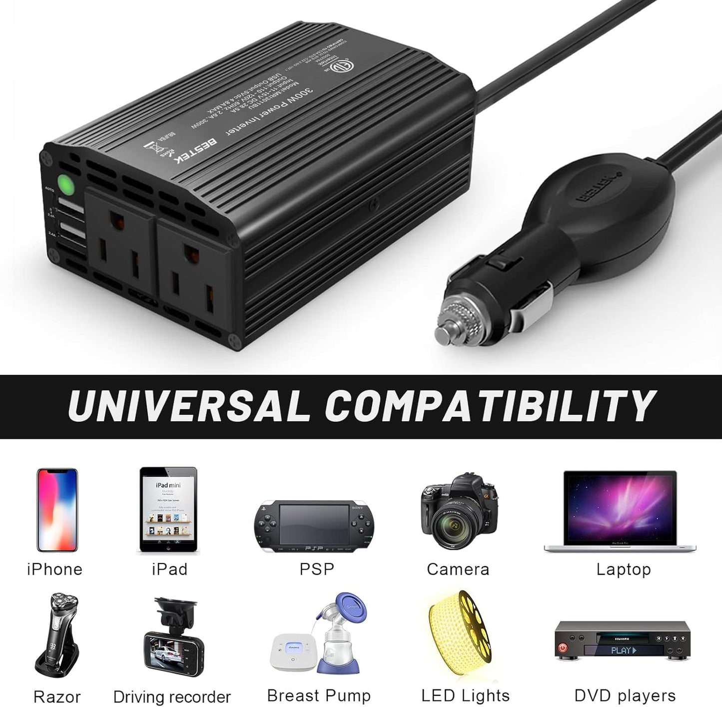 BESTEK 300W Power Inverter DC 12V to 110V AC, Durable Aluminum Housing Car Charger Adapter with 4.8A Dual USB Fast Charging Port, Car Plug in Cigarette Lighter Outlet for Phone, Laptop