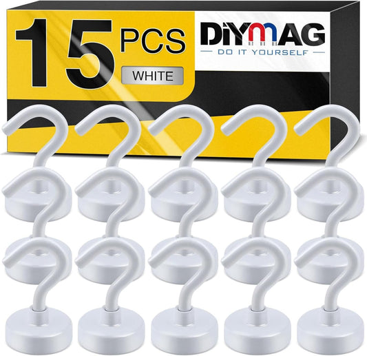 DIYMAG Magnetic Hooks, 30Lbs Strong Heavy Duty Cruise Magnet S-Hook for Classroom, Fridge, Hanging, Cabins, Grill, Kitchen, Garage, Workplace and Office Etc, (15 Pack-White)