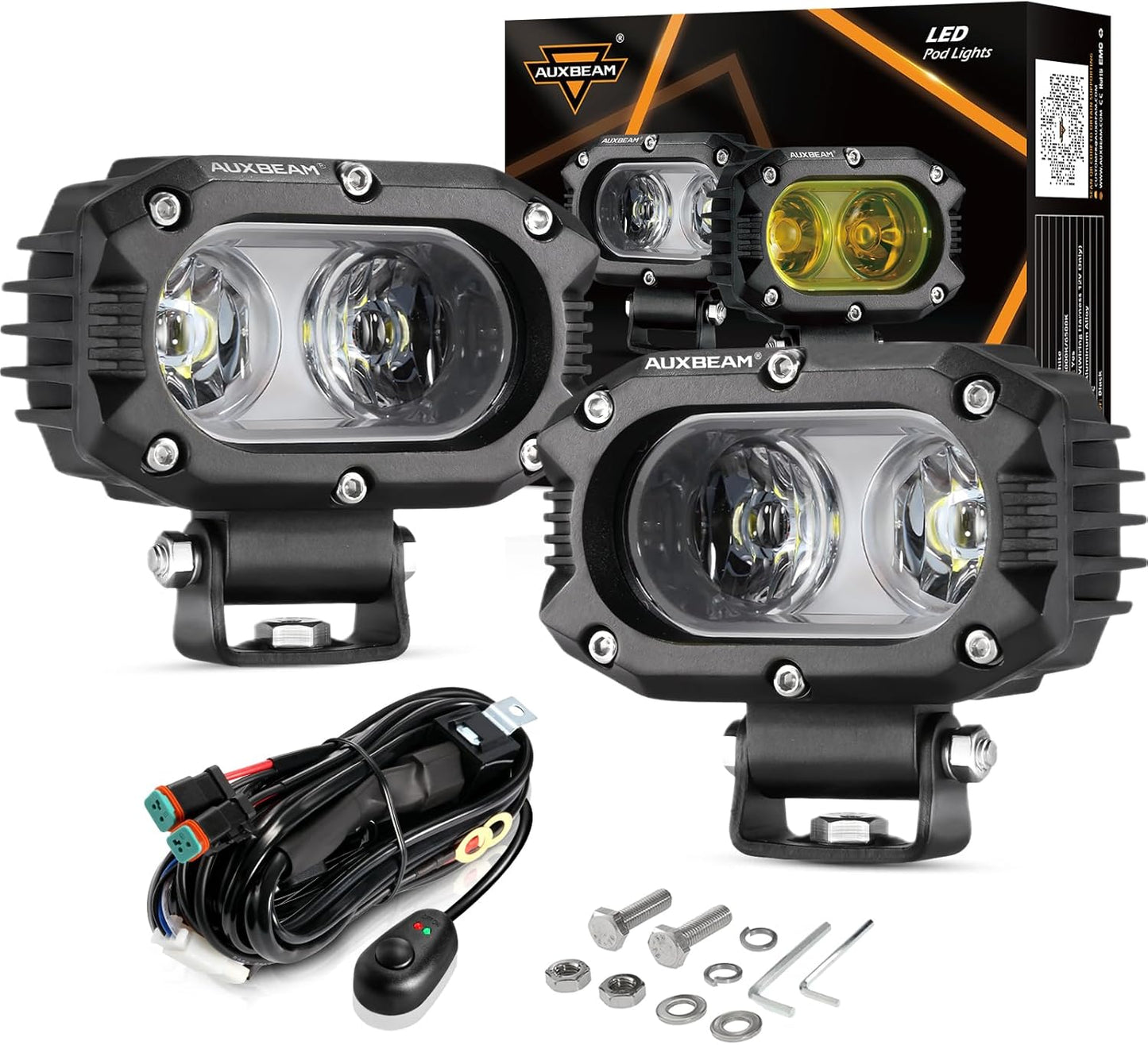 Auxbeam 4 Inch LED Light Pods, 60W Square Offroad Driving Light Super Bright 120° White Broad Flood Beam Pods Light with Off Road Wiring Harness for Wrangler Truck Pickup SUV ATV UTV (2 Pcs)