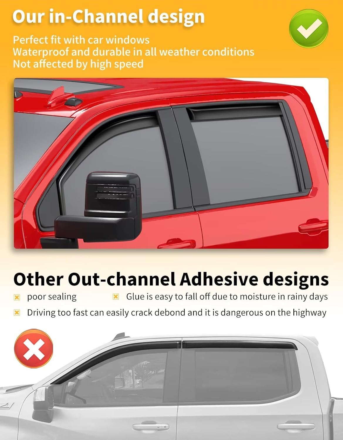 in-Channel Window Rain Guards Fit for Truck Chevy Silverado/GMC Sierra 2500HD 3500HD 2020-2025 Crew Cab Extra Durable Window Visors Window Deflectors Vent Shades Car Accessories-4 pcs 2-Q12