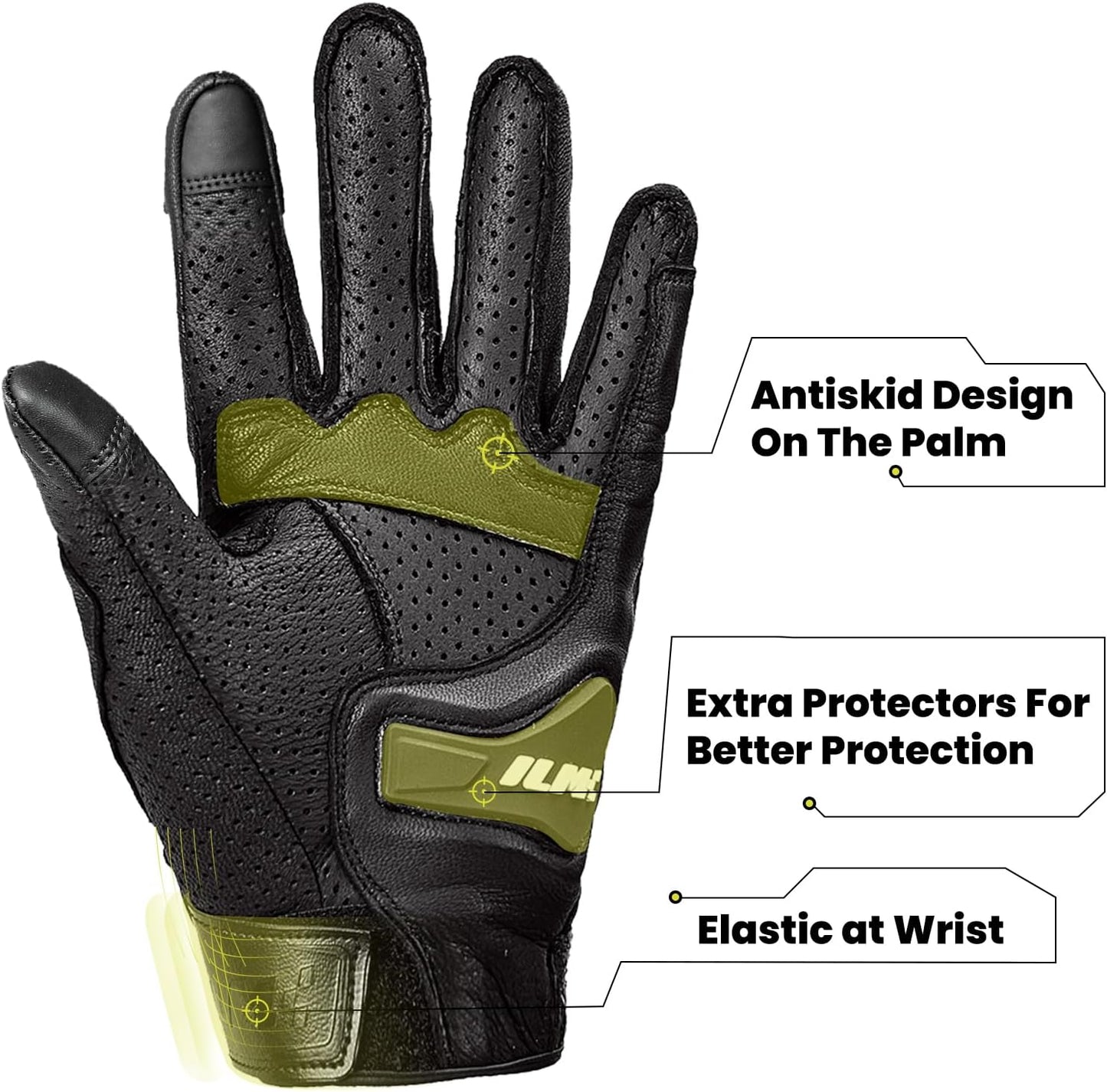 ILM Goatskin Leather Motorcycle Motorbike Powersports Racing Gloves Touchscreen for Men and Women Model DN01(XL, Black Perforated)