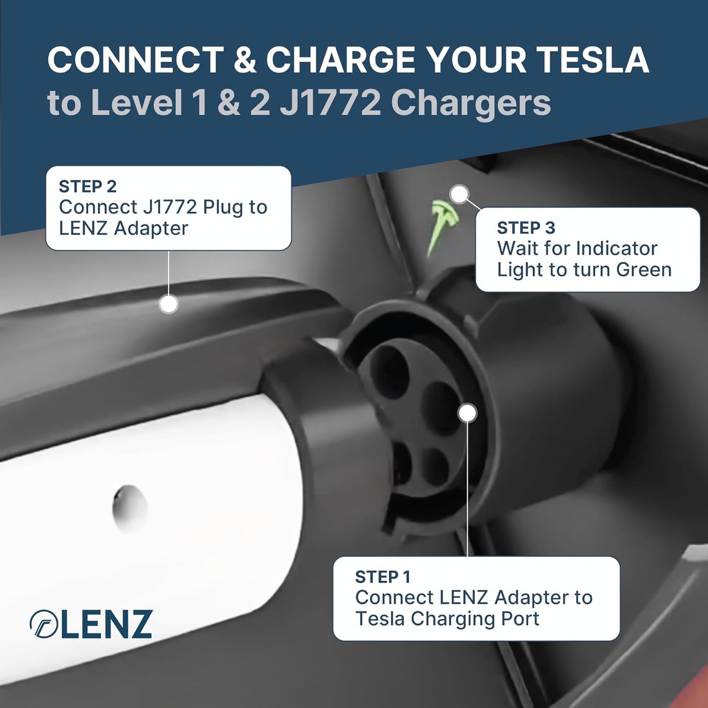 LENZ J1772 Charging Adapter for Tesla Model 3, Y, S, X, and Cybertruck, Safety Certified, 80A/240V, Optimal Fit, Easy Setup (Note: for Tesla Vehicles Only)