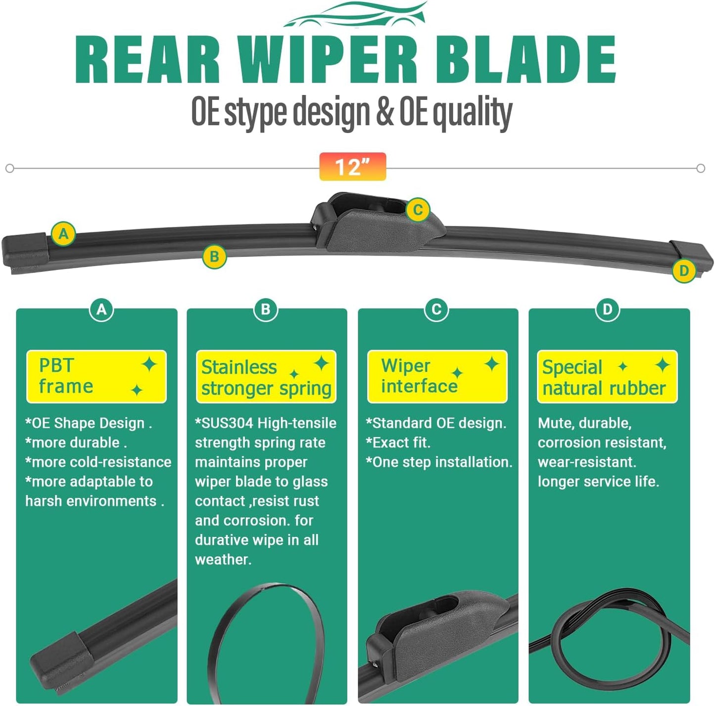 26" 19" 12" Windshield Wiper Blades Replacement for Jaguar F-Pace Fpace 2017 2018 2019 2020 2021 2022 2023 2024 Premium All Weather Front Rear Wipers Set - OEM Quality (Pack of 3)