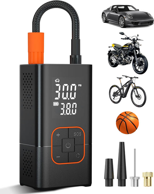 Tire Inflator Portable Air Compressor-150PSI Bike Pump, Portable Tire Inflator Cordless with Tire Pressure Gauge LED Lights, Air Pump for Car Tires, Bike, Motorcycle, Ball (Orange)