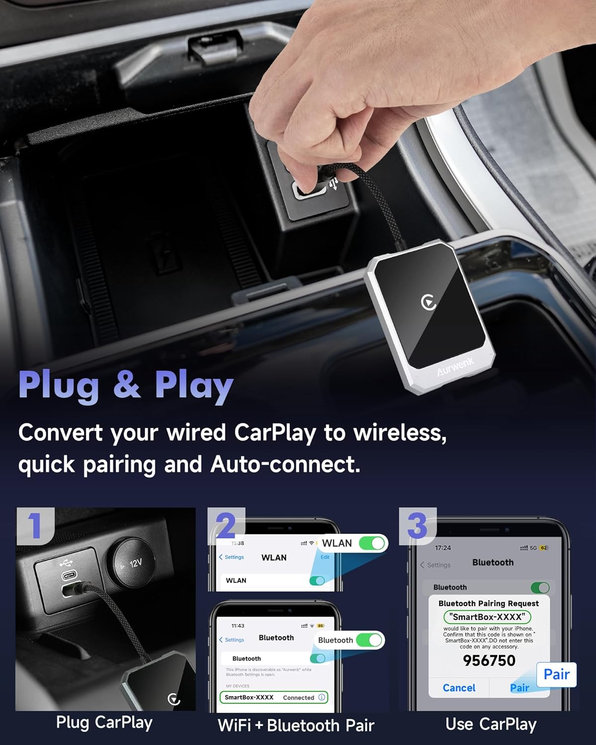 Wireless CarPlay Adapter for iPhone - Plug & Play Wired to Wireless Apple CarPlay Adapter, Fast Auto Connect, Stable & No Delay, Mini Wireless CarPlay Dongle for Cars from 2016 and iPhone iOS, Silver