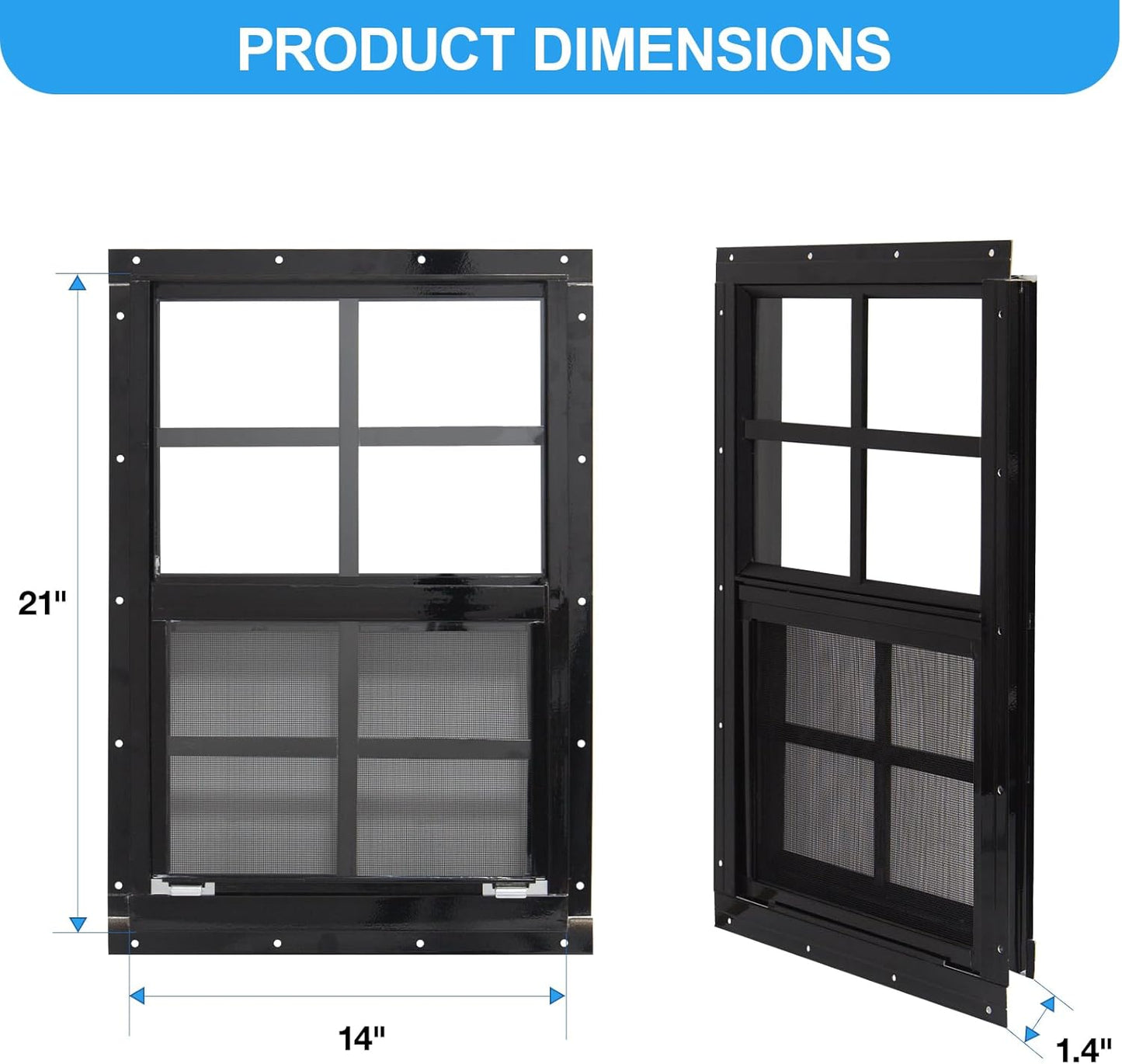 NeatiEase Upgraded Shed Windows 2 Pack, 14" x 21" Windows with Tempered Glass and Stainless Steel Screen for Shed, Chicken Coop, Playhouse, Household, Garage(Black)