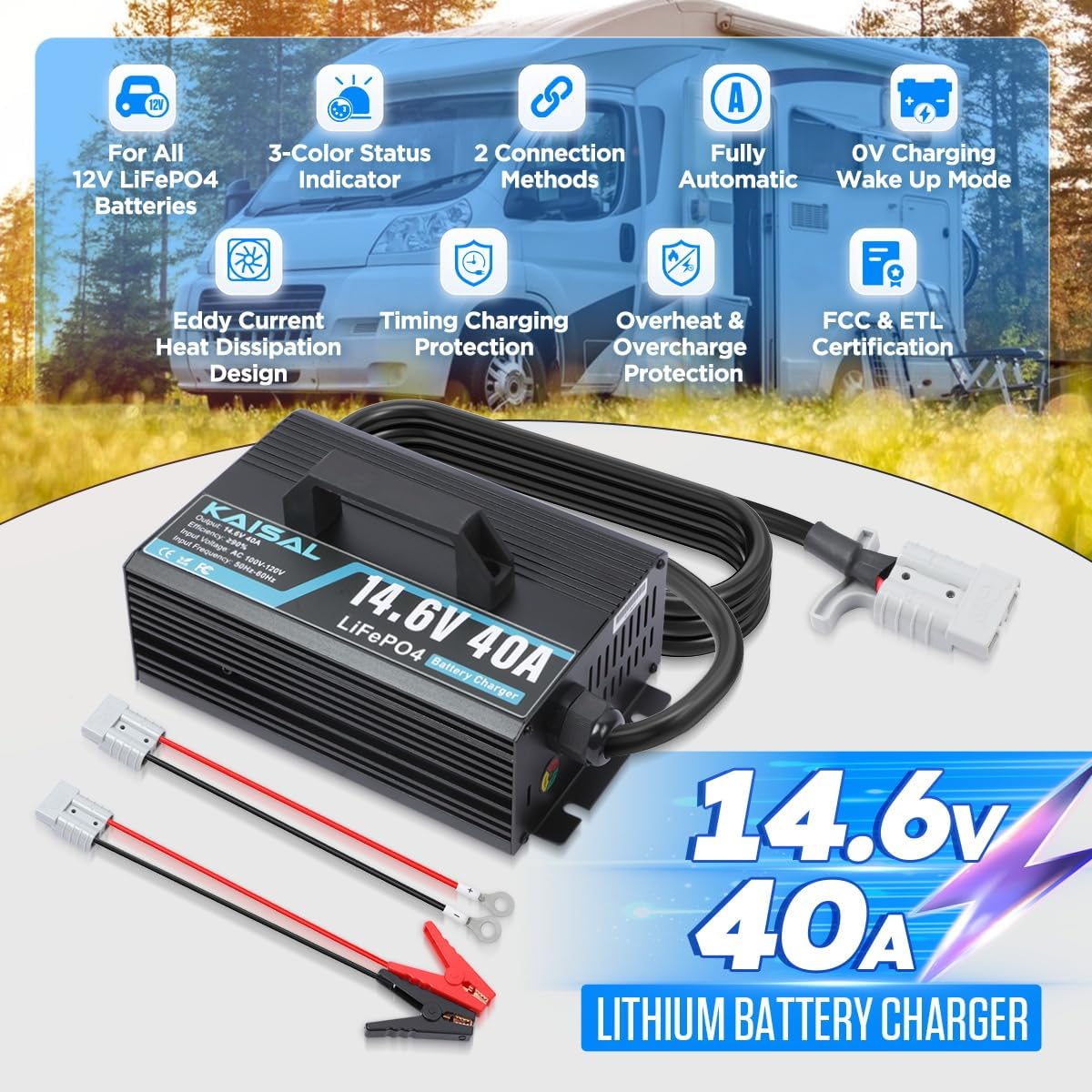 12V 40A Lithium Battery Charger 14.6V LiFePO4 Battery Charger for 12.8V LiFePO4 Lithium Deep Cycle Rechargeable Batteries 0V Wake Up 12 Volt Charger with 2 Connectors for RV, Boat, Car, Marine, Solar