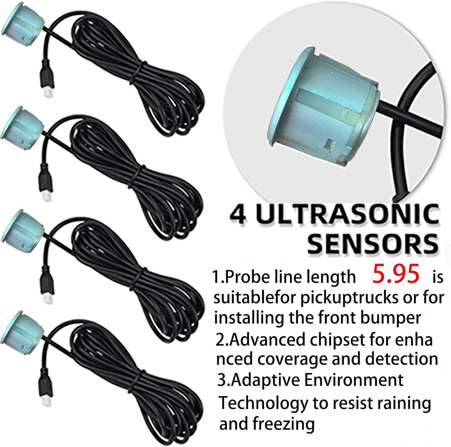 Pickup Truck Backup Radar System - Four 5.95m Sensors for Rear Installation, Compatible with Front Bumper Mounting - Enhance Safety & Visibility(Silver)