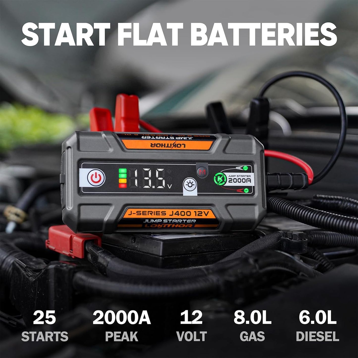 J400 2000A 12V Portable Lithium Jump Starter, Car Battery Booster Pack, USB-C Powerbank Charger, and Jumper Cables for Upto 8.0-Liter Gas and 6.0-Liter Diesel Engines