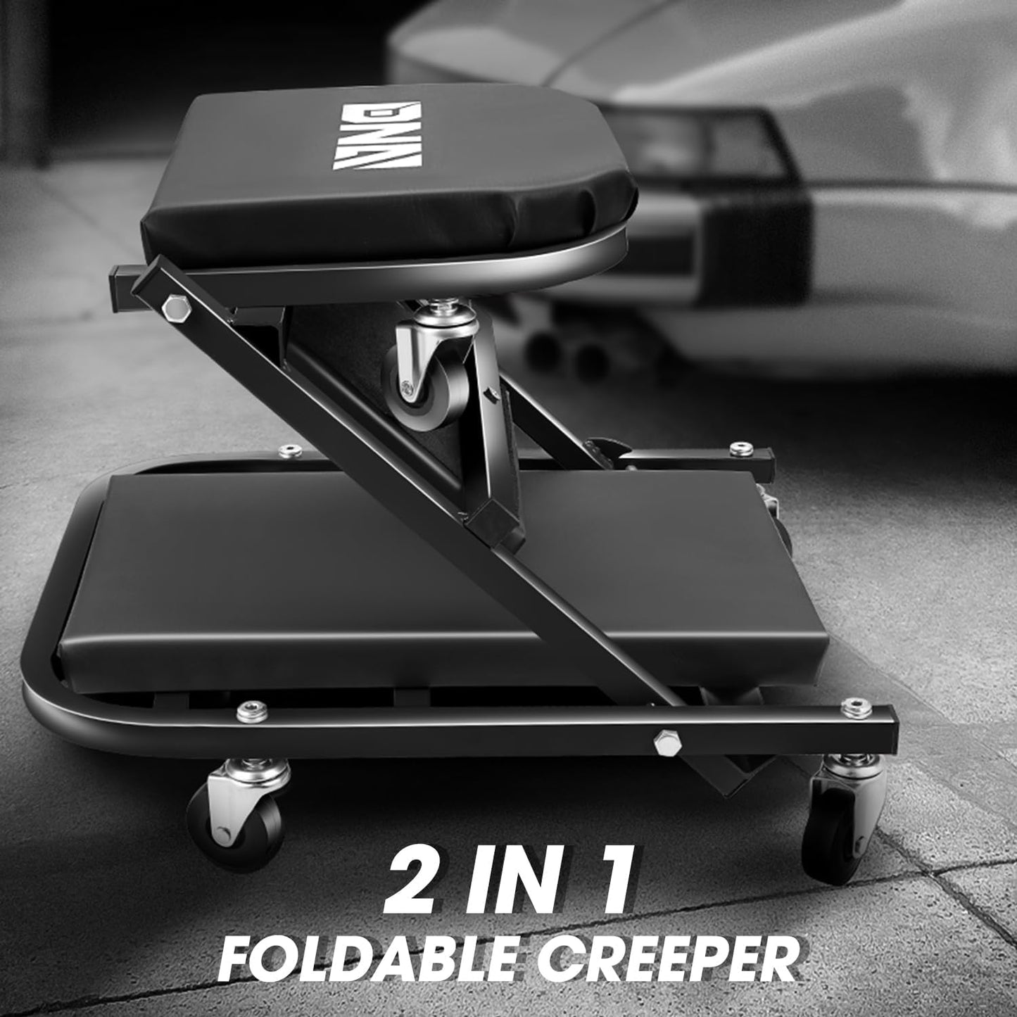 DNA MOTORING 40 Inches Folding 2 in 1 Rolling Z Creeper, Adjustable Roller Garage Chair Lay Down or Sit, 6 Pcs 2" Casters, 150kg Weight Capacity, Black, TOOLS-00494