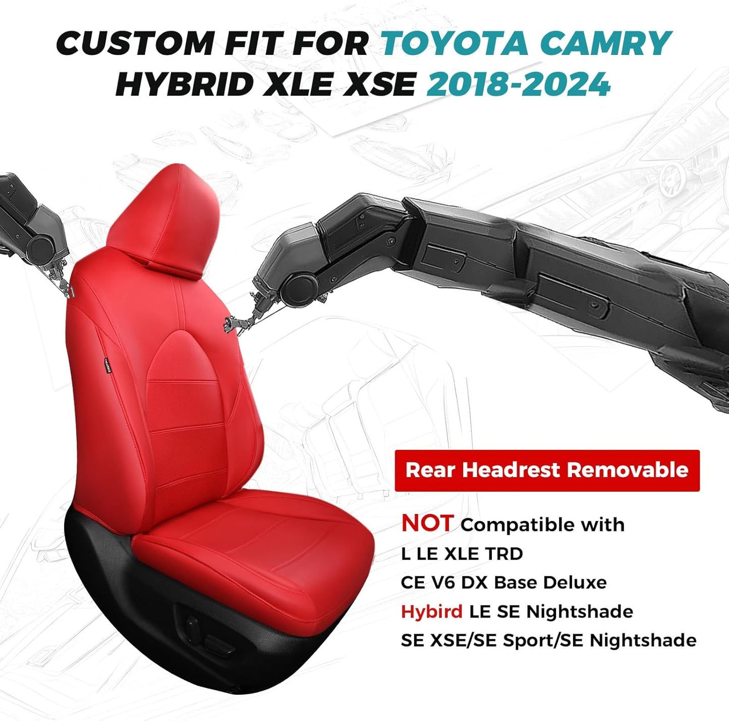for Toyota Camry Seat Covers Hybrid XLE XSE 2018 2019 2020 2021 2022 2023 2024 - Custom Car Seat Covers Full Set, Leather Seat Cover for Cars, Waterproof Breathable Cushion Protectors Red