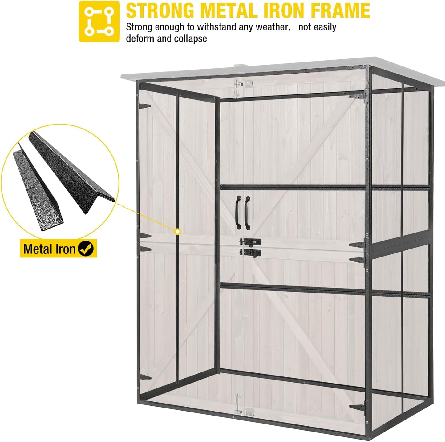 Aivituvin Storage Shed Outdoor Storage Cabinet Upgraded with All Arounded Metal Frame, Wooden Floor and Adjustable Shevels 55" L x 29" W x 67" H, Dark Brown