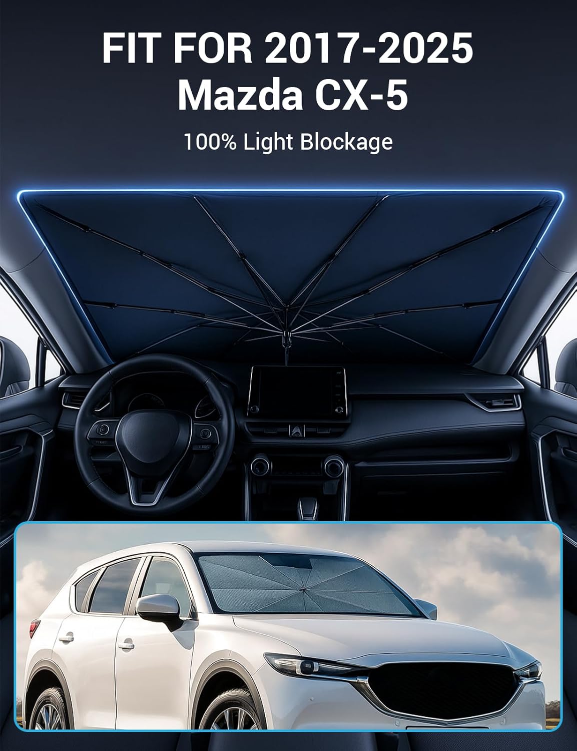Proadsy Windshield Sun Shade Umbrella for Mazda CX-5 2017-2025 Foldable Car Umbrella Sunshade with Soft TPU Handle Spring Structure Crystal Cooling Material Protect Car from Rays & Heat