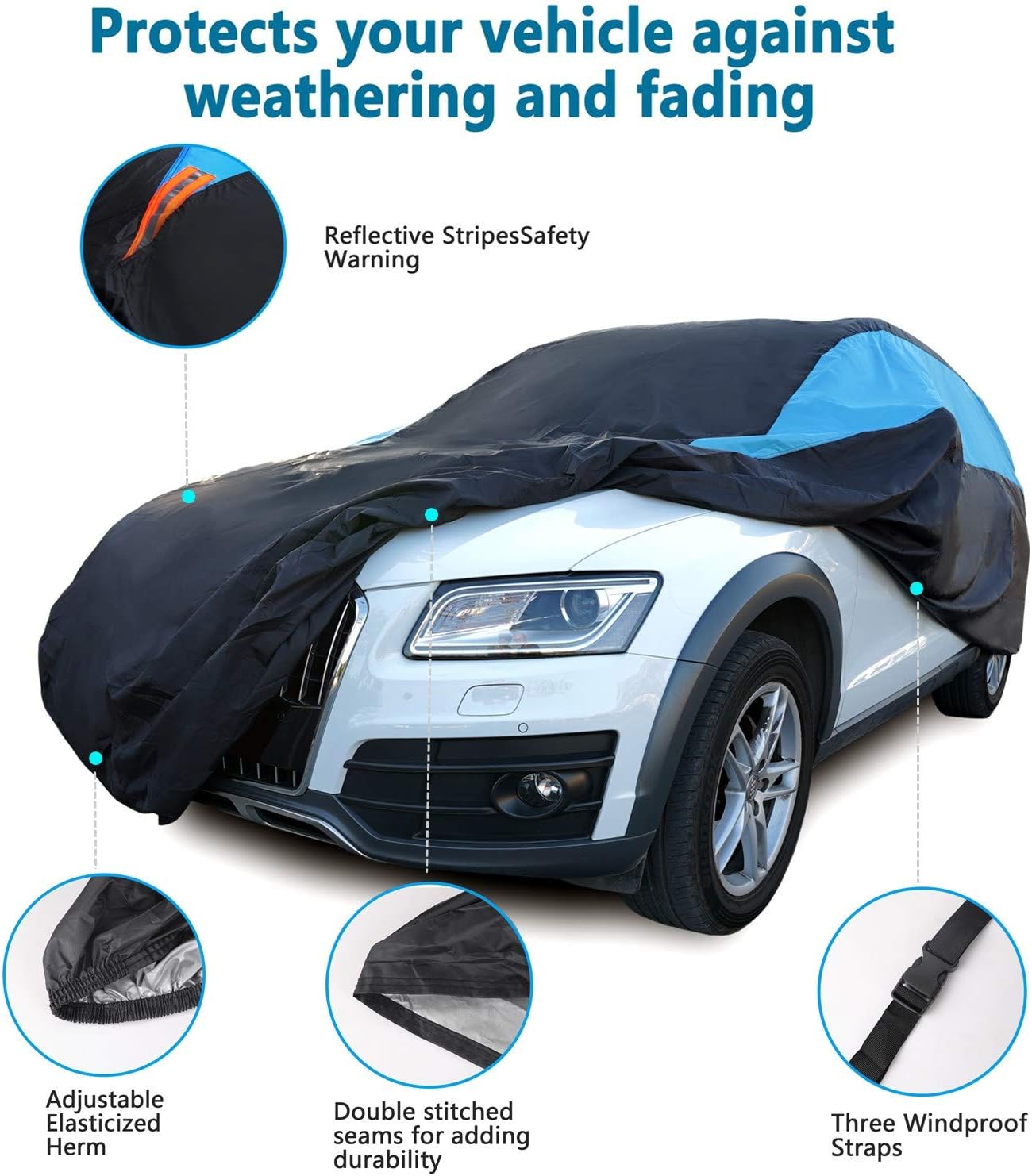 MORNYRAY Waterproof Car Cover All Weather Snowproof UV Protection Windproof Outdoor Full car Cover, Universal Fit for Sedan (Blue, S3-Fit SUV Length(191-201 inch))