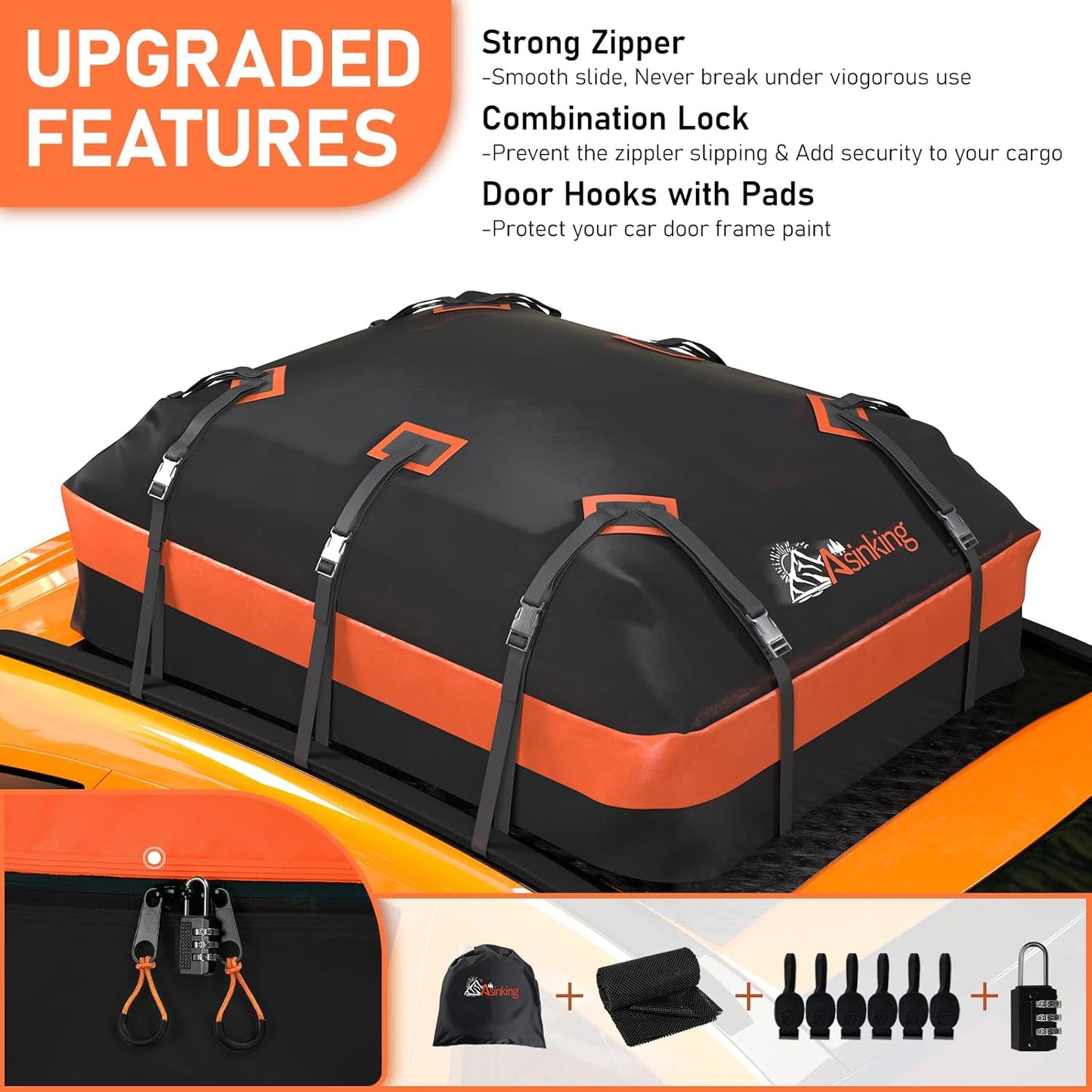 Asinking Car Roof Bag Rooftop top Cargo Carrier Bag 15 Cubic feet Waterproof for All Cars with/Without Rack, Includes Anti-Slip Mat, 10 Reinforced Straps, 6 Door Hooks, Luggage Lock