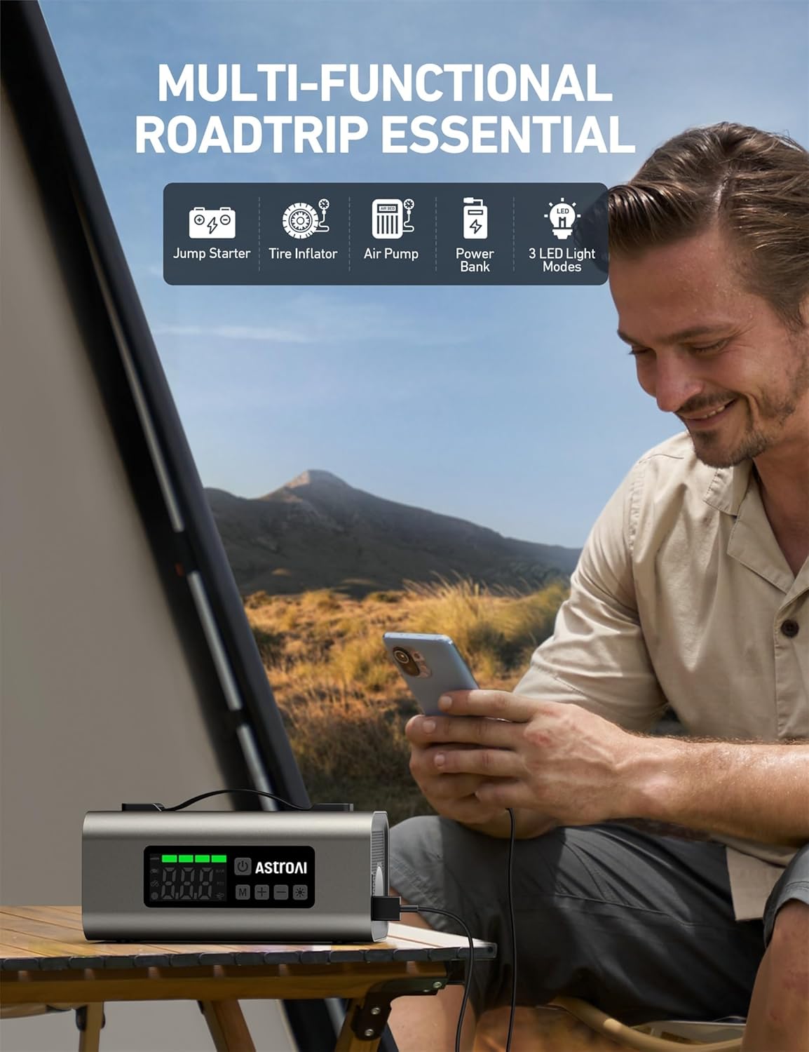 AstroAI Portable Car Battery Jump Starter with Air Compressor 2500A 150PSI 30W Quick Charger, 14800mAh Jump Box (7.5L Gas & 5.0L Diesel) 12V Jump Box with Booster, LED Light, Jumper Cables