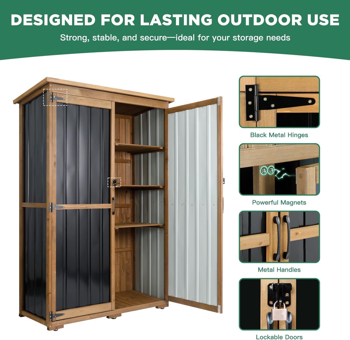 Outdoor Storage Cabinet Wood & Metal, Storage Shed Waterproof Double Lock for Anti-Theft Removable Shelves Adjustable Feet Wooden Floor for Patio, Garden, Lawn Pool Storage, 46" X 18" X 68"