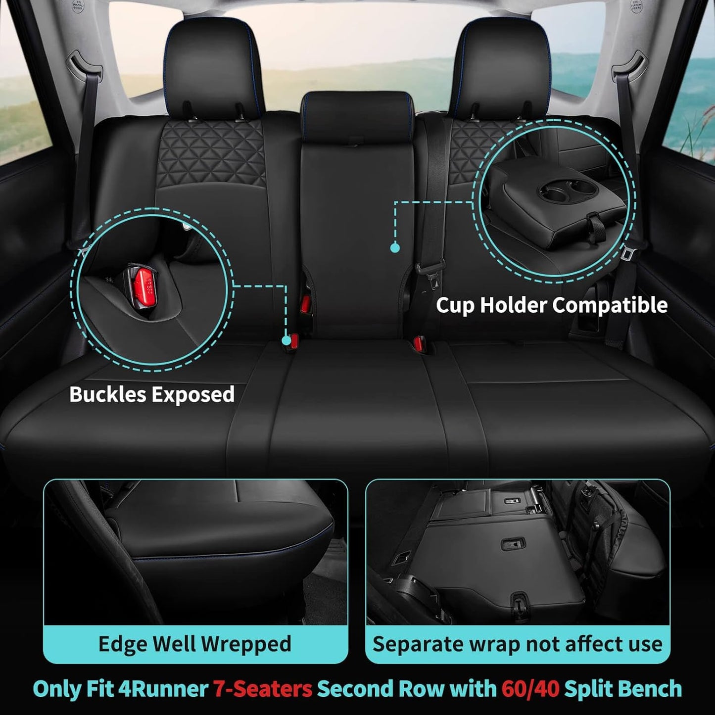 Seat Covers for Toyota 4Runner 2011-2024, Faux Leather Car Seat Cover Full Set, 3-Row-Only for 7 Seats Version-BlackBlue