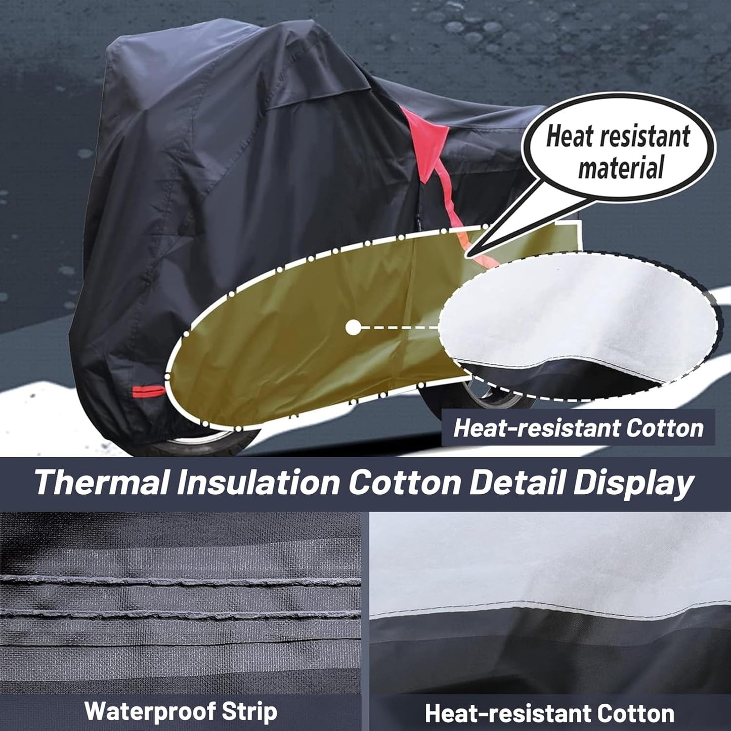 Motorcycle Cover,Waterproof Zipper Outdoor Cover for All Seasons Windproof, High Heat Resistance Dustproof and Rainproof Snowproof(Red Zipper XXXL Fits Up to 116 inch)