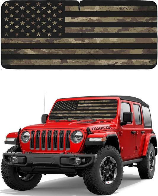 Autoamerics JeepWrangler Dark Camo Flag 1-Piece Windshield Sun Shade Foldable Car Front Window Sunshade - Best Heat Shield Reflector Cover - Blocks Max UV Rays & Keeps Your Vehicle Cool