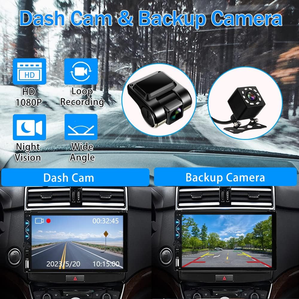 Leadfan Double Din Car Stereo with Dash Cam,7 Inch Full HD Touchscreen Car Audio Receiver Support Carplay and Android Auto,Car Stereo with Bluetooth,Mirror Link,Backup Camera,FM/USB/AUX/Subwoofer