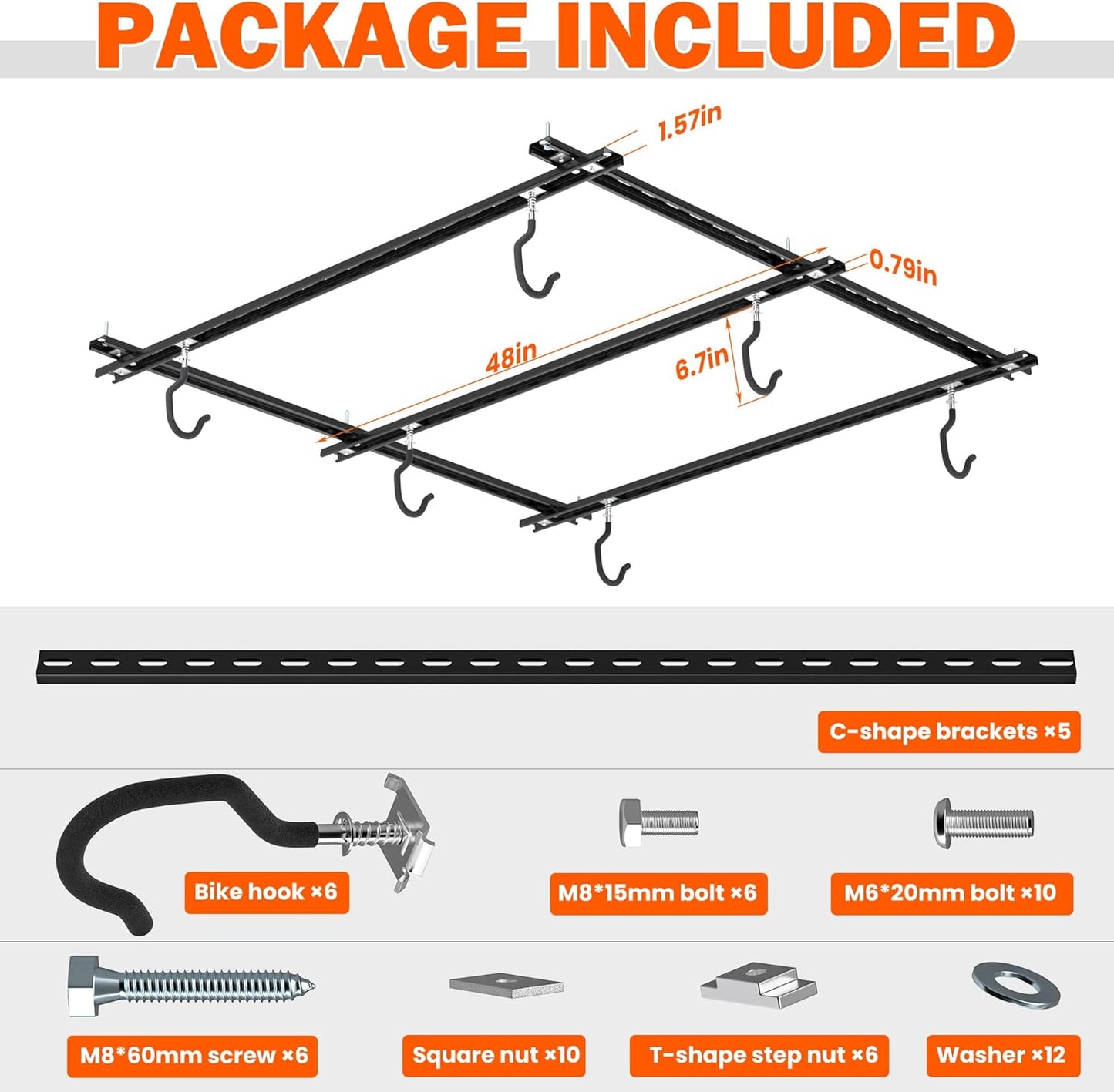 Ultrawall Ceiling Bike Rack for Garage, Indoor Bike Hanger with Sliding Track, Adjustable Bike Hooks for up to 3 Bikes (Horizontally), 6 Bikes (Vertically)