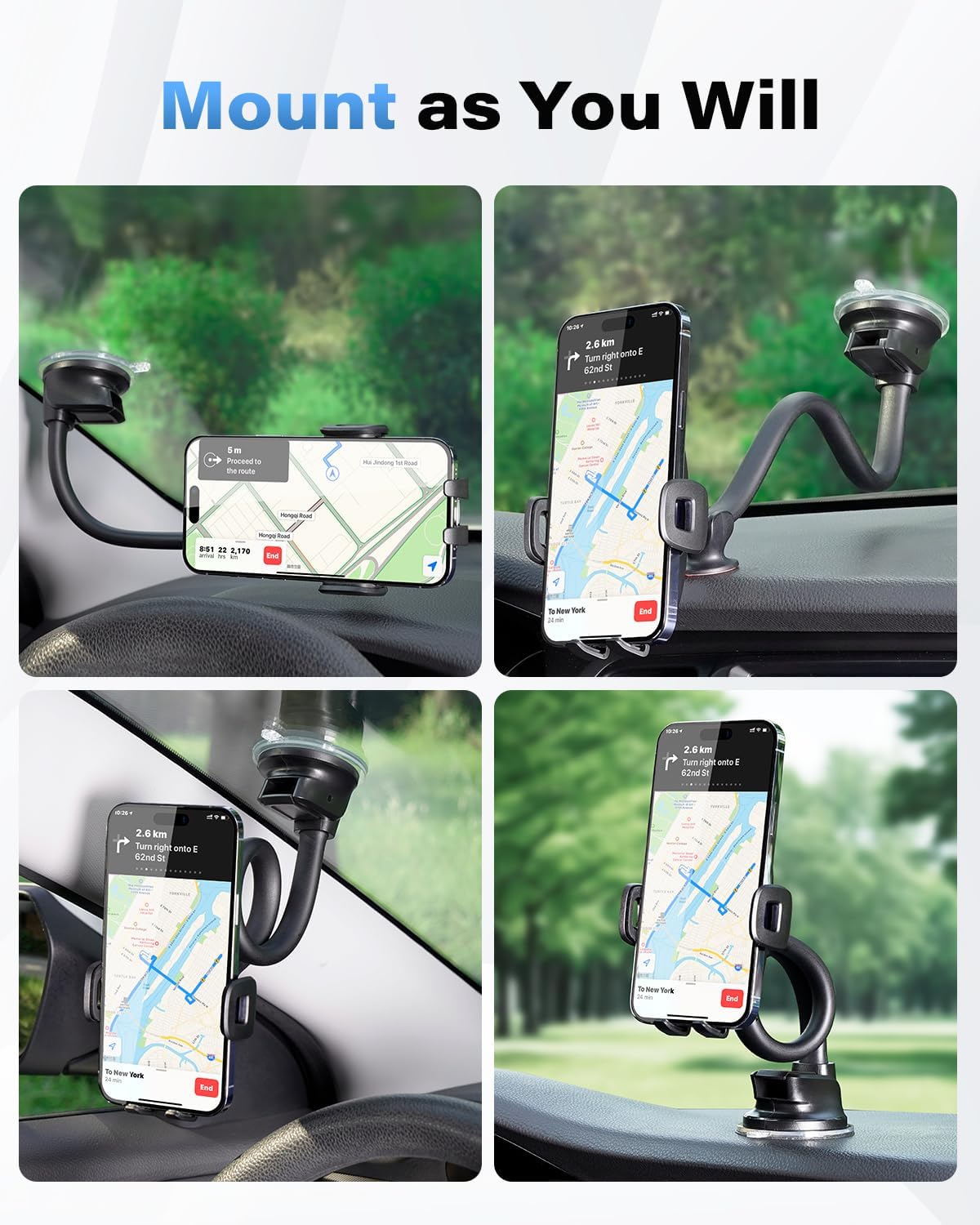 1Zero Solid Car Truck Phone Mount Holder with 14-Inch Gooseneck Long Arm, Windshield Window Mobile Holders w/Industrial-Strength Suction Cup, Anti-Shake Stabilizer Compatible All Cell Phones, Black