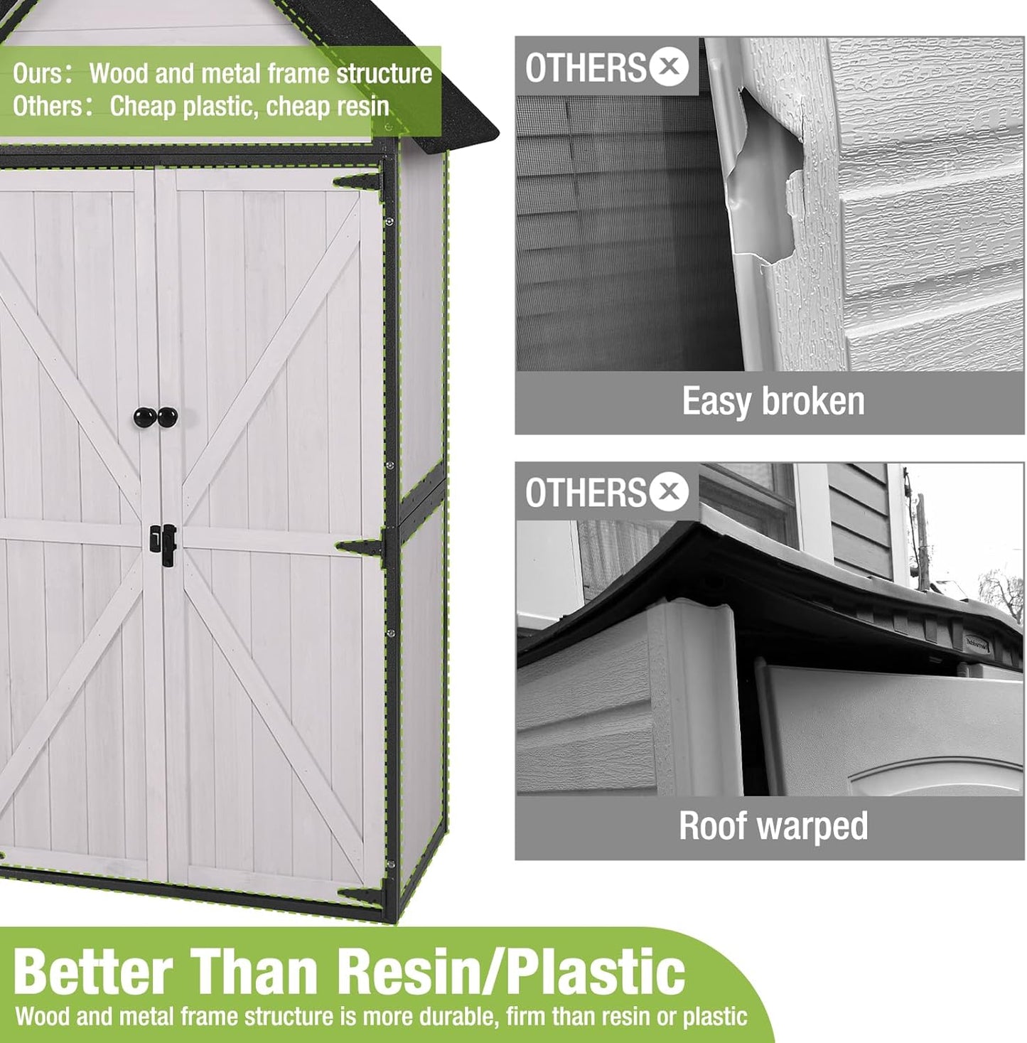 GUTINNEEN Sheds Outdoor Storage Wooden Garden Tool Shed with Metal Frame Sloped Roof and Adjustable 3 Tiers Shelves Outdoor Storage Cabinet for Backyard Garden Patio Lawn 67.1"(Off White)