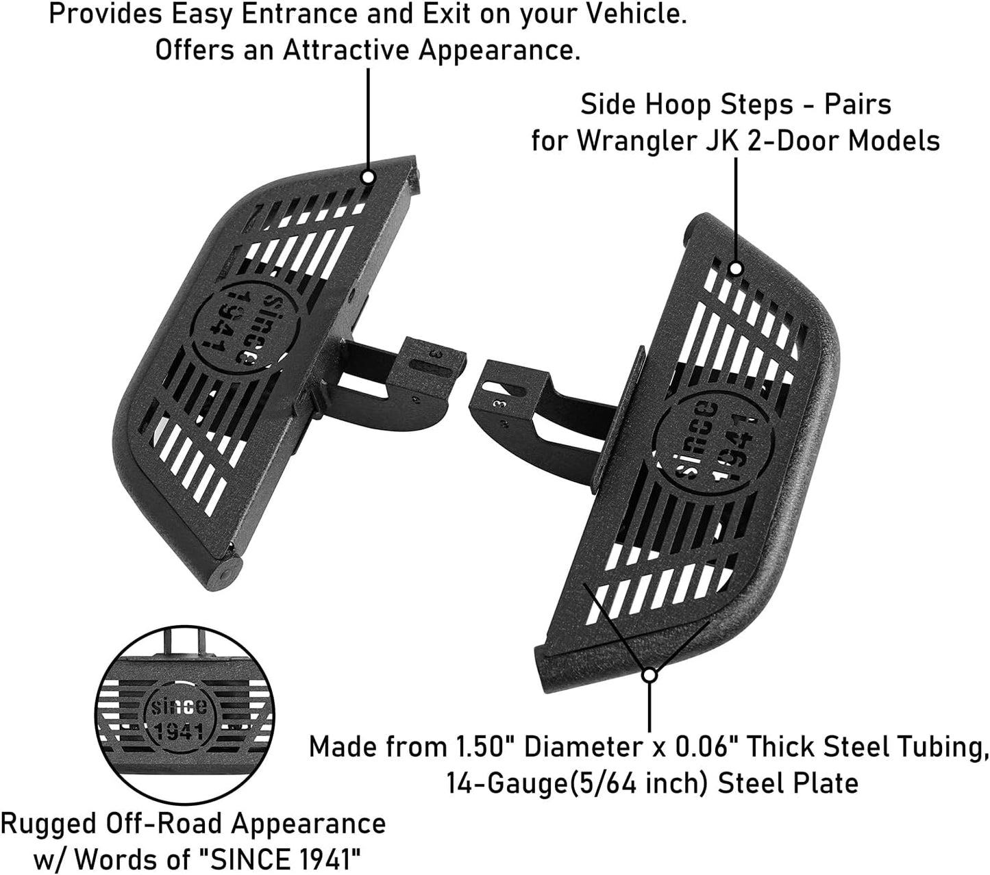 u-Box JK Running Boards 2-Door Side Hoop Door Steps for 2007-2018 Jeep Wrangler JK 2-Door, Light Weight Nerf Bars Front Door Steps(2PCS Steel Side Steps)