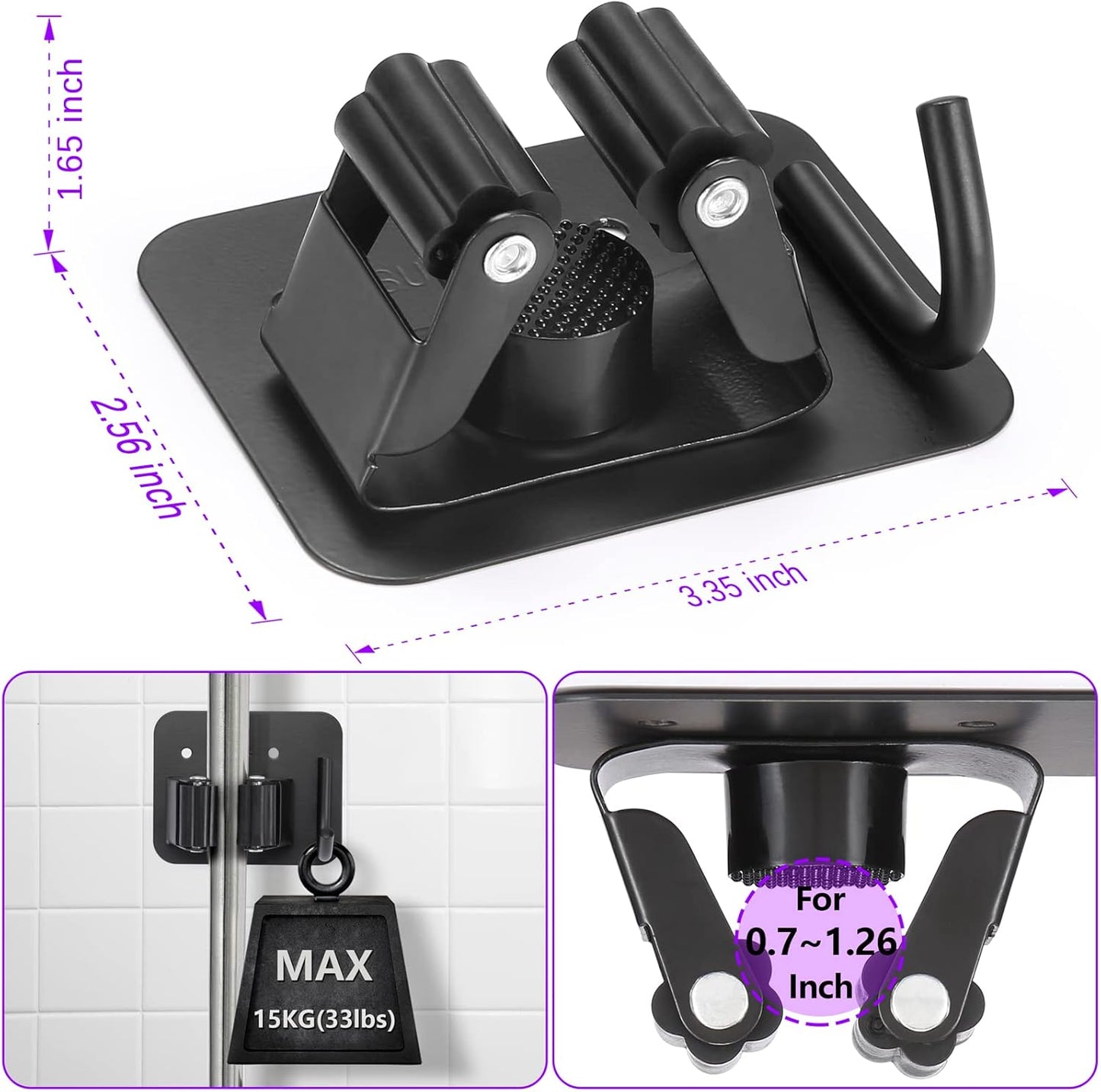 Stainless Steel Broom Holder, Heavy Duty, Rust Resistant, 4 Gripper Positions with 4 Hooks, Black