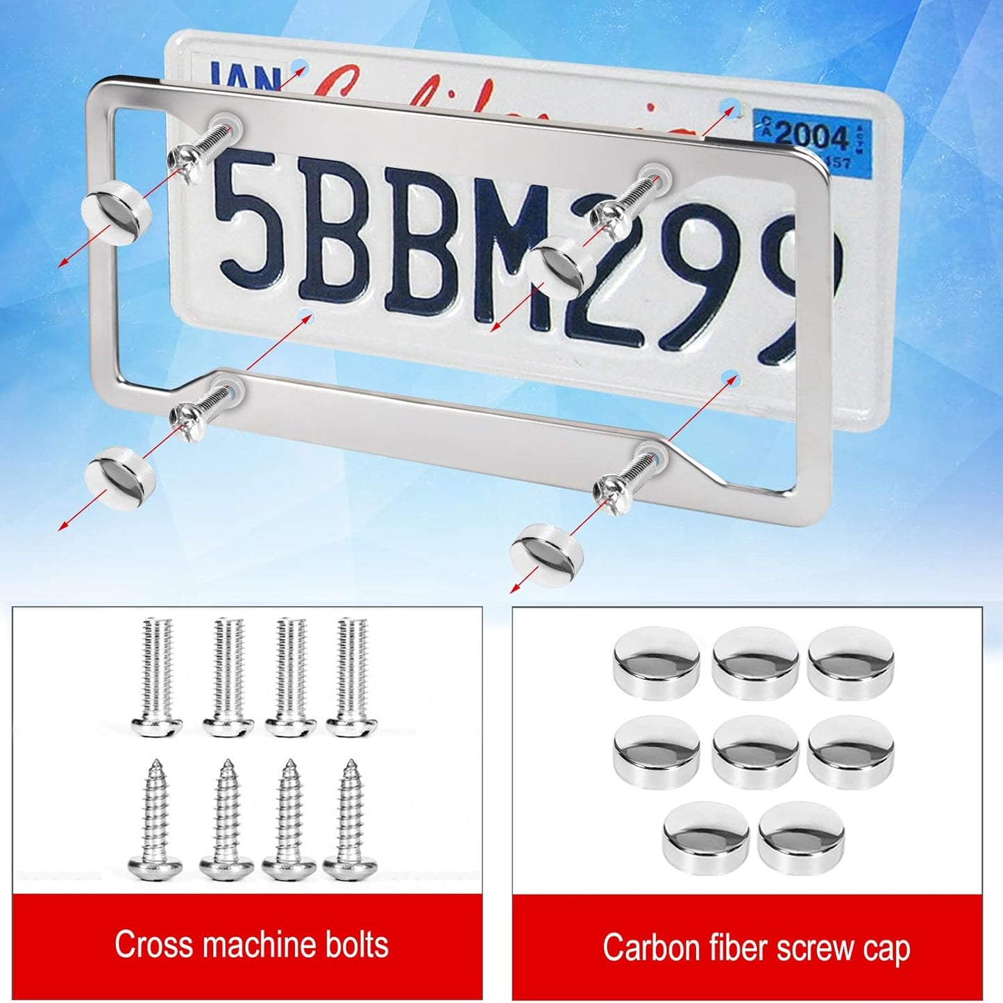 2 Pcs 4 Holes Stainless Steel License Plate Frame，Car License Plate Holder Bracket with Mount Hardware ，Screw， Caps Cover Set Car Accessories