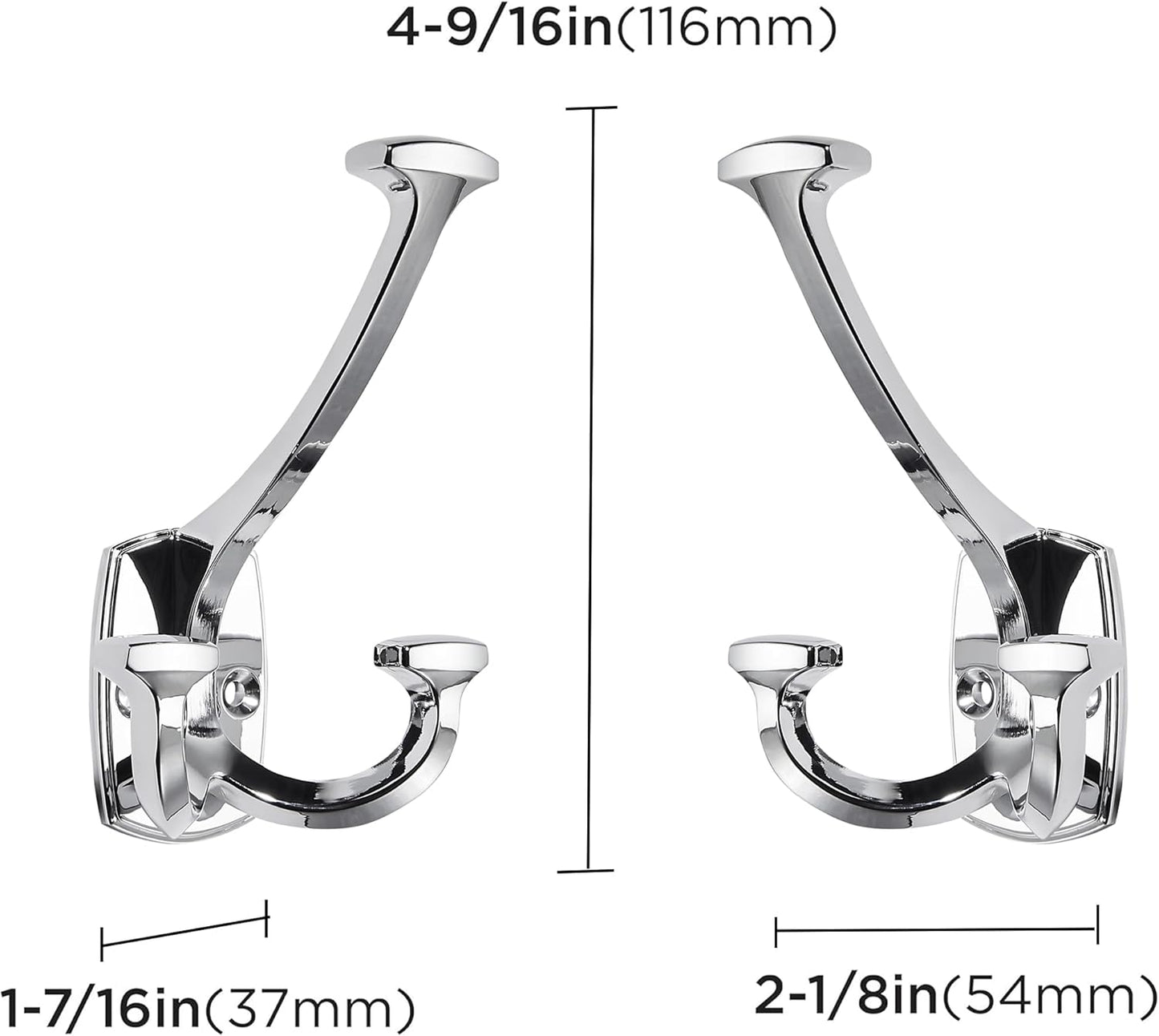Large Wall Double-Sided Hook 5 Pack Polished Chrome Hook Decorative Heavy Duty Solid Large Coat Hooks for Towel Hanging Coats Robe Towel Bags Door Back 2 Prong Hooks
