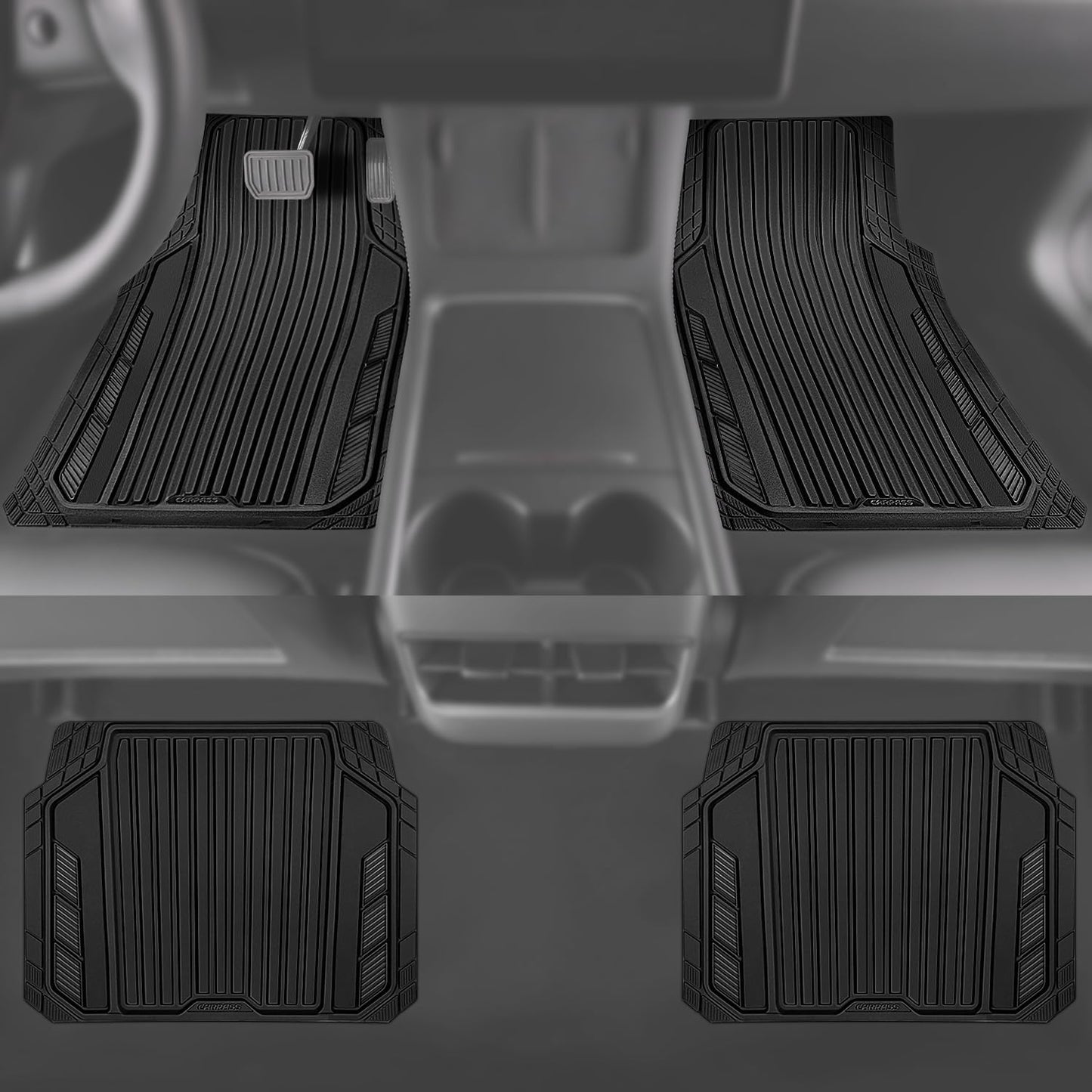 CAR PASS Heavy Duty Sporty Rubber Car Mats, Deep Dish All Weather Car Floor Mats Full Set, Waterproof Anti-Slip Automotive Matts Rugs Trim to Fit for Most Sedans SUVs Vans, All Black