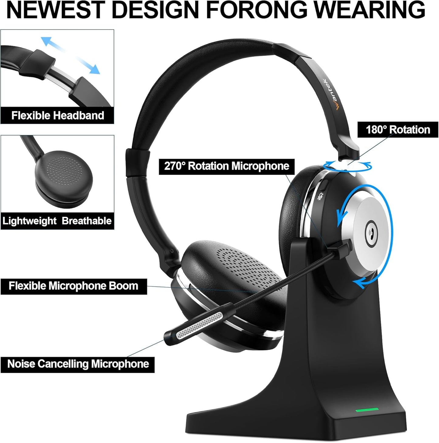 Wantek Wireless Headset with Mic for Work,Bluetooth Headset with AI Noise Cancelling,Mic Mute,Charging Base & USB Dongle for Laptop/Computer/Cell Phone, Remote Work & Call Center